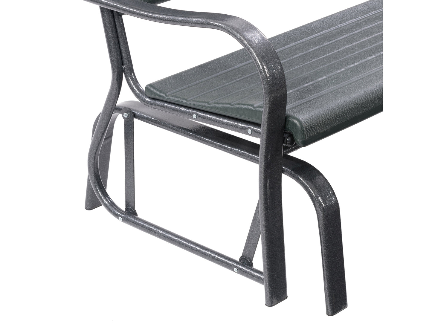 Dark gray gliding patio bench with sleek, modern design, featuring a sturdy metal frame, comfortable slatted backrest, and smooth gliding mechanism for outdoor relaxation.