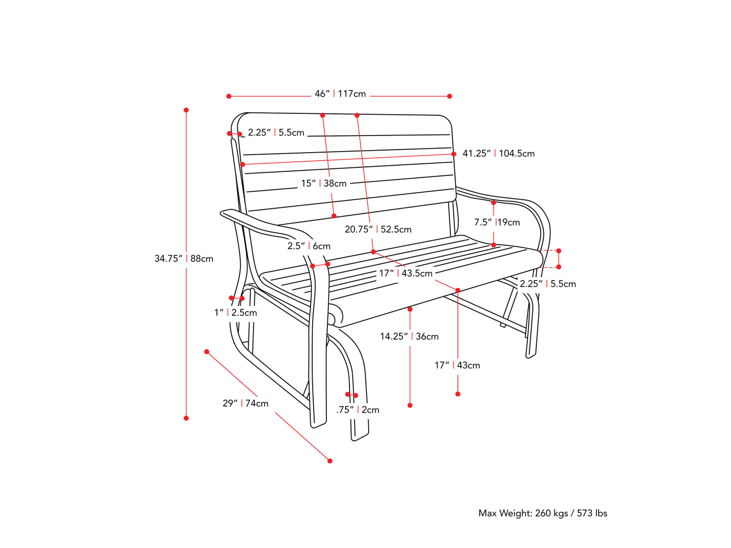 Black and gray gliding patio bench with cushioned seat and backrest, featuring a sturdy metal frame and armrests, perfect for outdoor relaxation and garden decor.