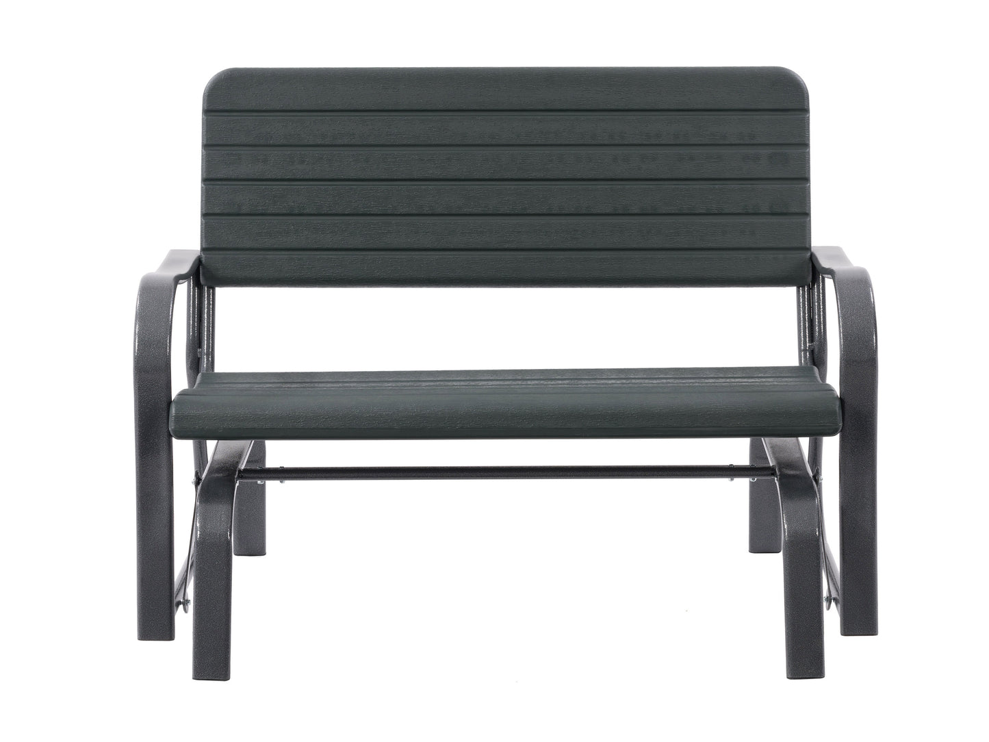 Modern patio gliding bench with sleek grey metal frame, comfortable beige cushioned seat, and backrest. Ideal for outdoor relaxation, durable and weather-resistant, perfect for gardens and patios.
