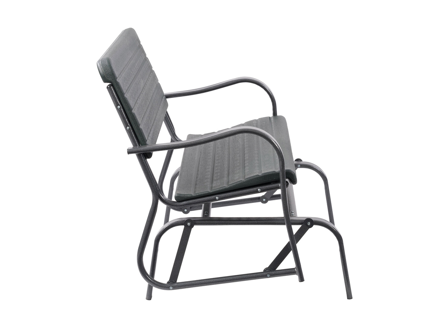 Modern patio gliding bench with a sleek black metal frame and wooden slat seat and backrest, featuring a smooth gliding mechanism and weather-resistant materials for outdoor use.