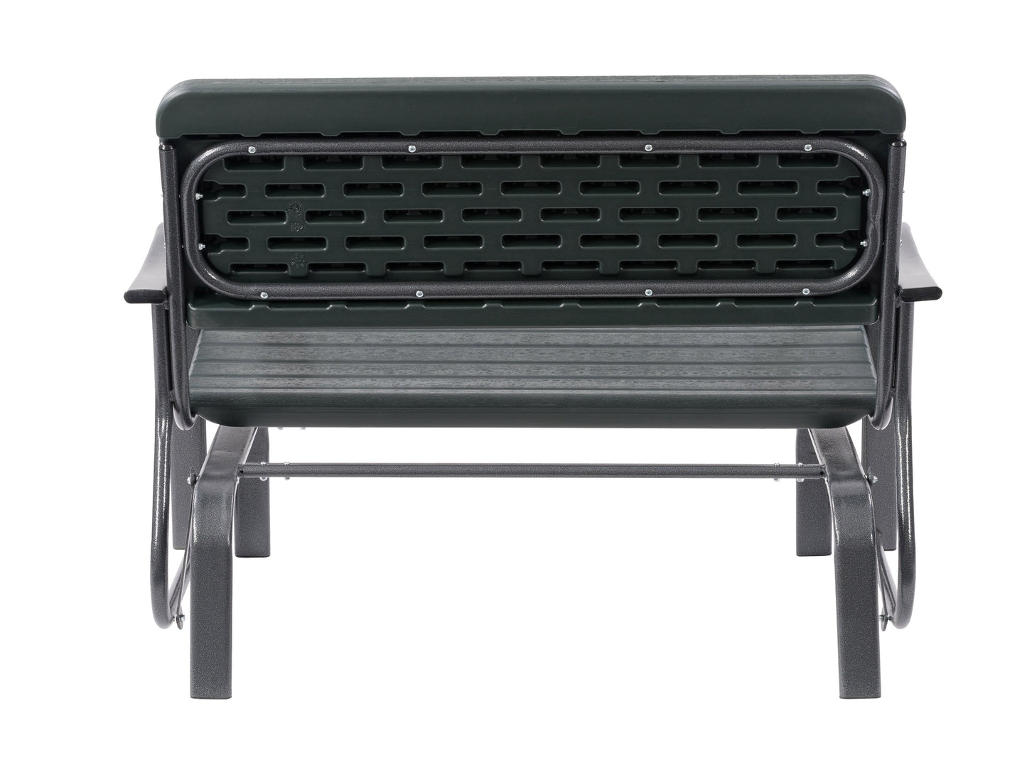 Dark gray metal gliding patio bench with slatted backrest and seat, featuring durable, weather-resistant finish and smooth gliding mechanism, perfect for outdoor relaxation and garden seating.