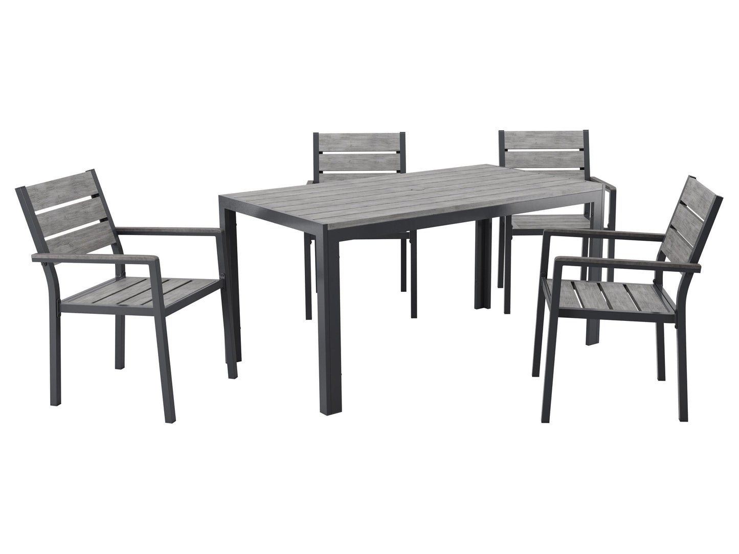 Modern outdoor dining set with a rectangular, glass-top table and four cushioned chairs in beige and brown wicker. Durable, weather-resistant materials perfect for patio or garden dining. Elegant and comfortable design.