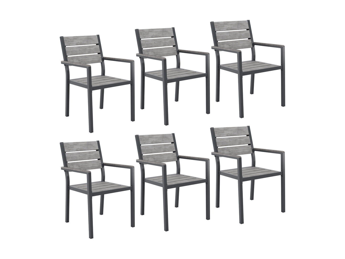 Modern outdoor patio dining set with six cushioned chairs and a rectangular wooden table, featuring a sleek black metal frame and weather-resistant materials, perfect for garden or backyard gatherings.