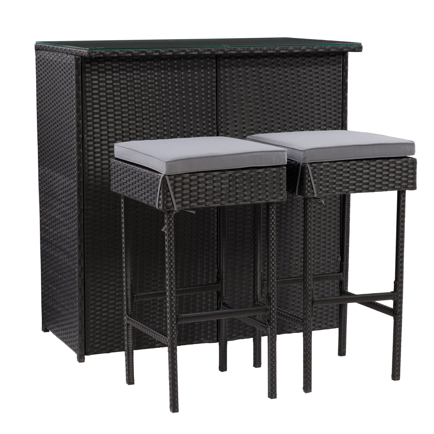 Three-piece patio bar set featuring a high table and two bar stools with beige cushions, crafted from durable, weather-resistant dark brown wicker, perfect for outdoor entertaining and relaxation.