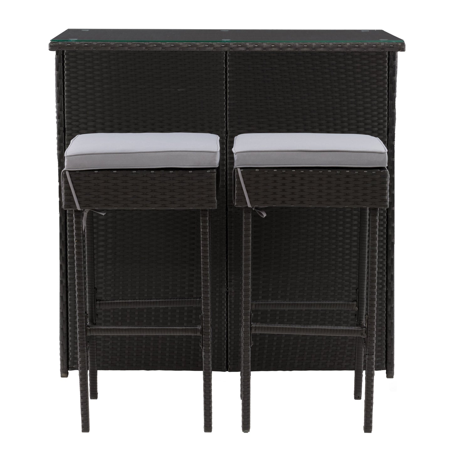 Three-piece patio bar set featuring a high table and two bar stools with beige cushions, crafted from durable, weather-resistant dark brown wicker, perfect for outdoor entertaining and relaxation.
