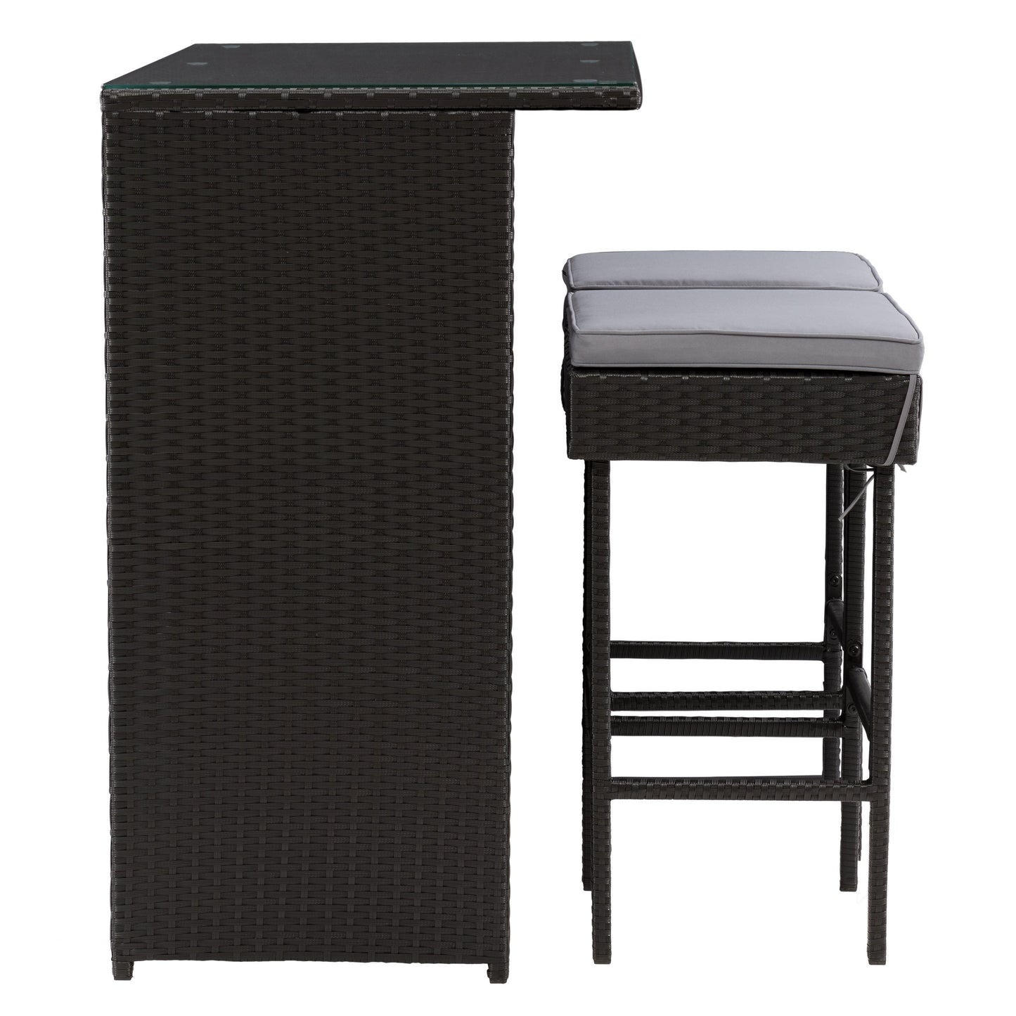 Three-piece patio bar set featuring a high table and two bar stools with beige cushions, crafted from durable, weather-resistant dark brown wicker, perfect for outdoor entertaining and relaxation.