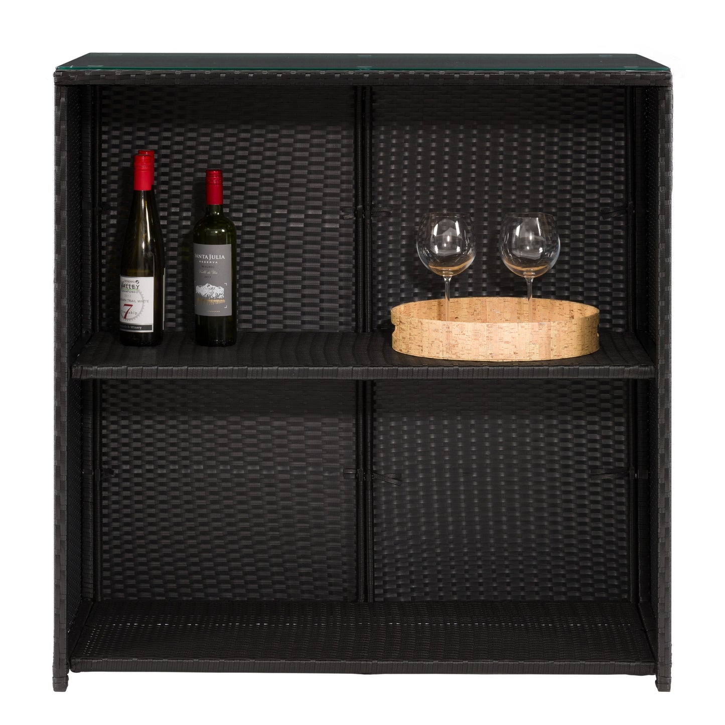 Three-piece patio bar set featuring a high table and two bar stools with beige cushions, crafted from durable, weather-resistant dark brown wicker, perfect for outdoor entertaining and relaxation.