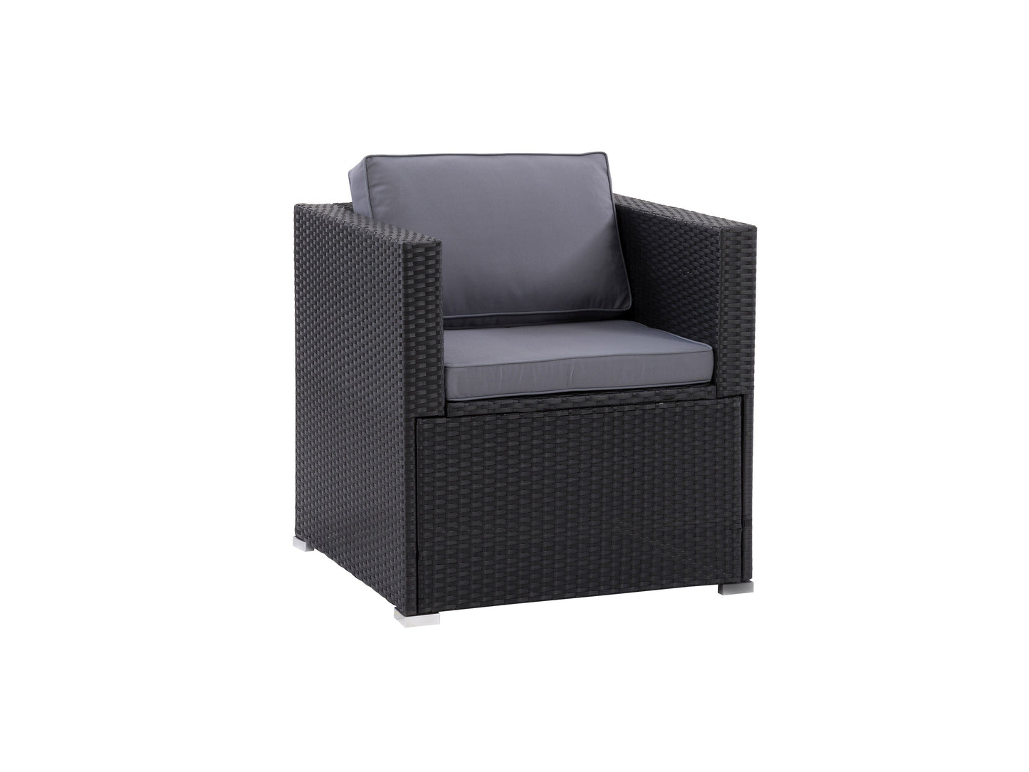 Wicker patio armchair with beige cushions, featuring a durable woven rattan design, sturdy aluminum frame, and comfortable armrests, perfect for outdoor lounging and garden seating.