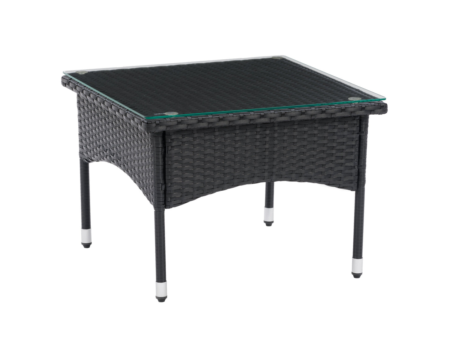 Outdoor wicker side table with round glass top, brown woven rattan base, and sturdy metal frame. Ideal for patio or garden use, this elegant and durable table complements outdoor furniture sets.