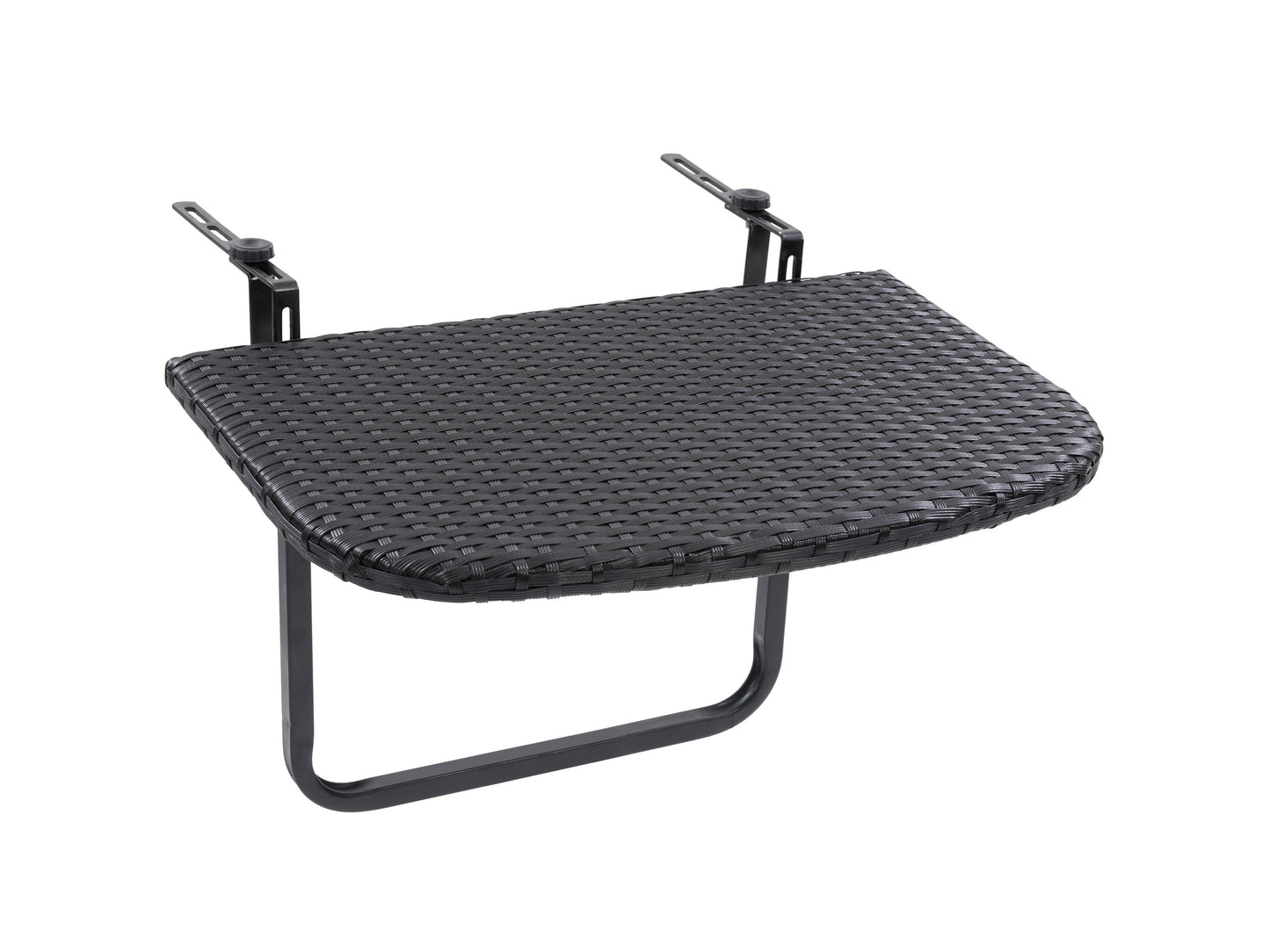 Black metal balcony railing table with a sleek rectangular wooden tabletop, featuring a slatted design for outdoor use. Ideal for small spaces, this durable patio table attaches securely to railings, perfect for urban balconies.