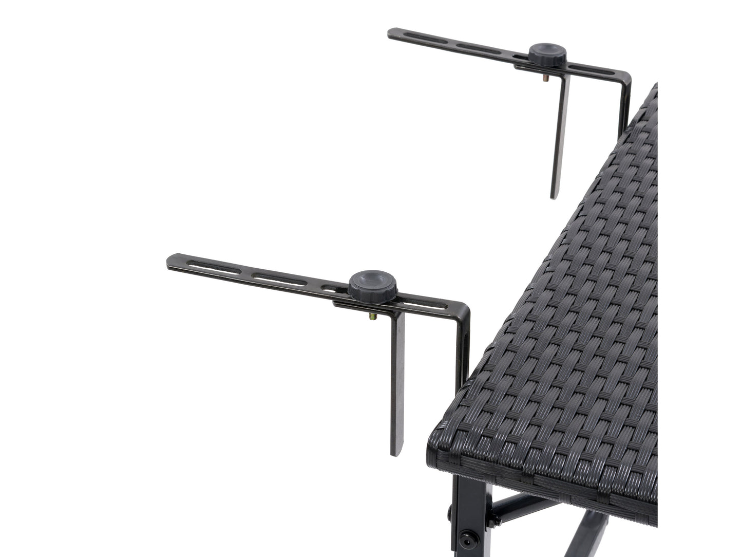 Black metal balcony railing table with slatted design, adjustable clamps, and weather-resistant finish, perfect for small outdoor spaces.