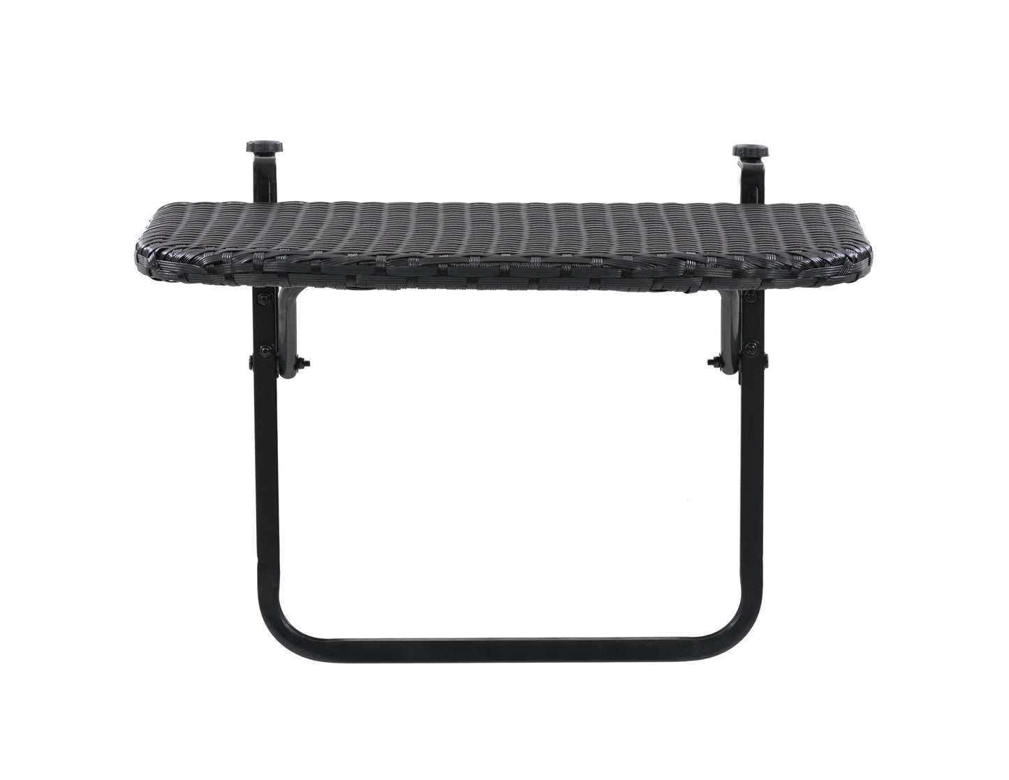 Black metal balcony railing table with wooden top, designed for outdoor use; features sturdy construction, weather-resistant materials, and easy installation for small spaces or patios.