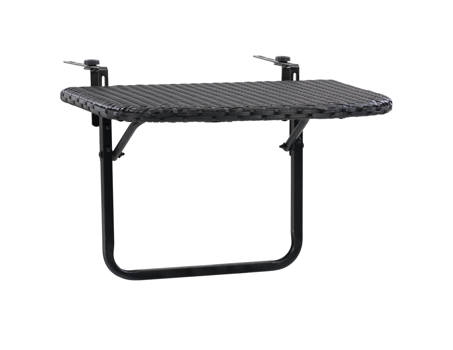 Black metal balcony railing table with wooden slats, designed for outdoor use. Features a sleek, space-saving design perfect for small balconies or patios. Durable materials ensure long-lasting use in various weather conditions.