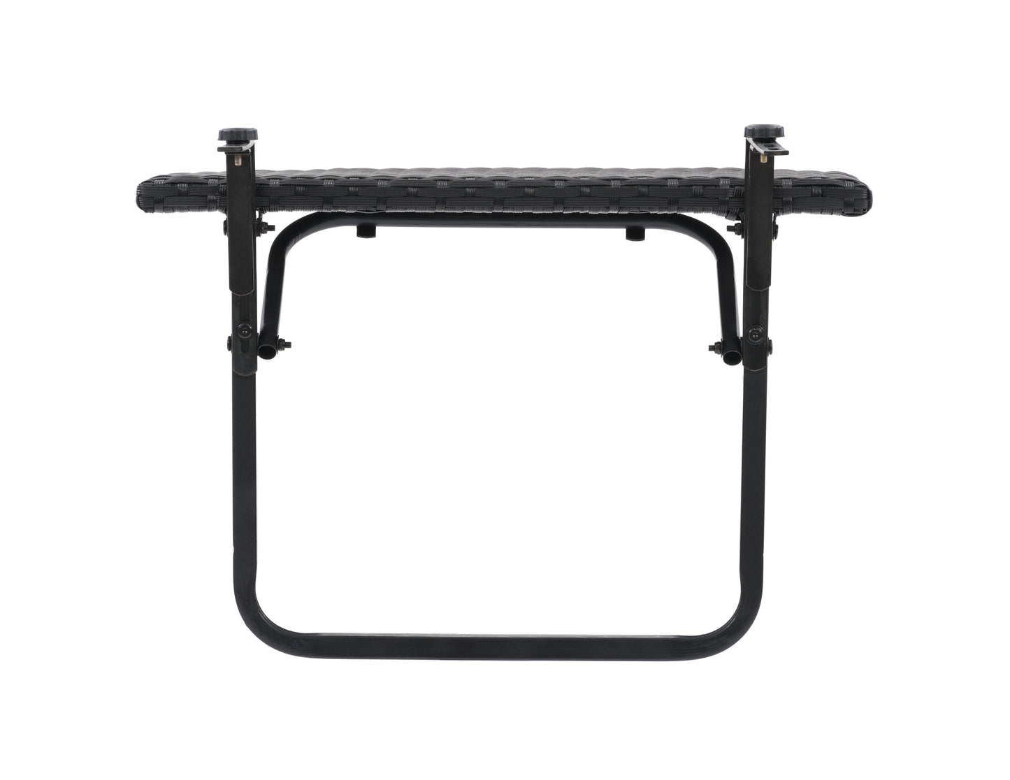 Rectangular balcony railing table in dark wood finish with black metal frame, adjustable clamps, and foldable design. Ideal for small outdoor spaces, offering a stylish and functional surface for dining or working.