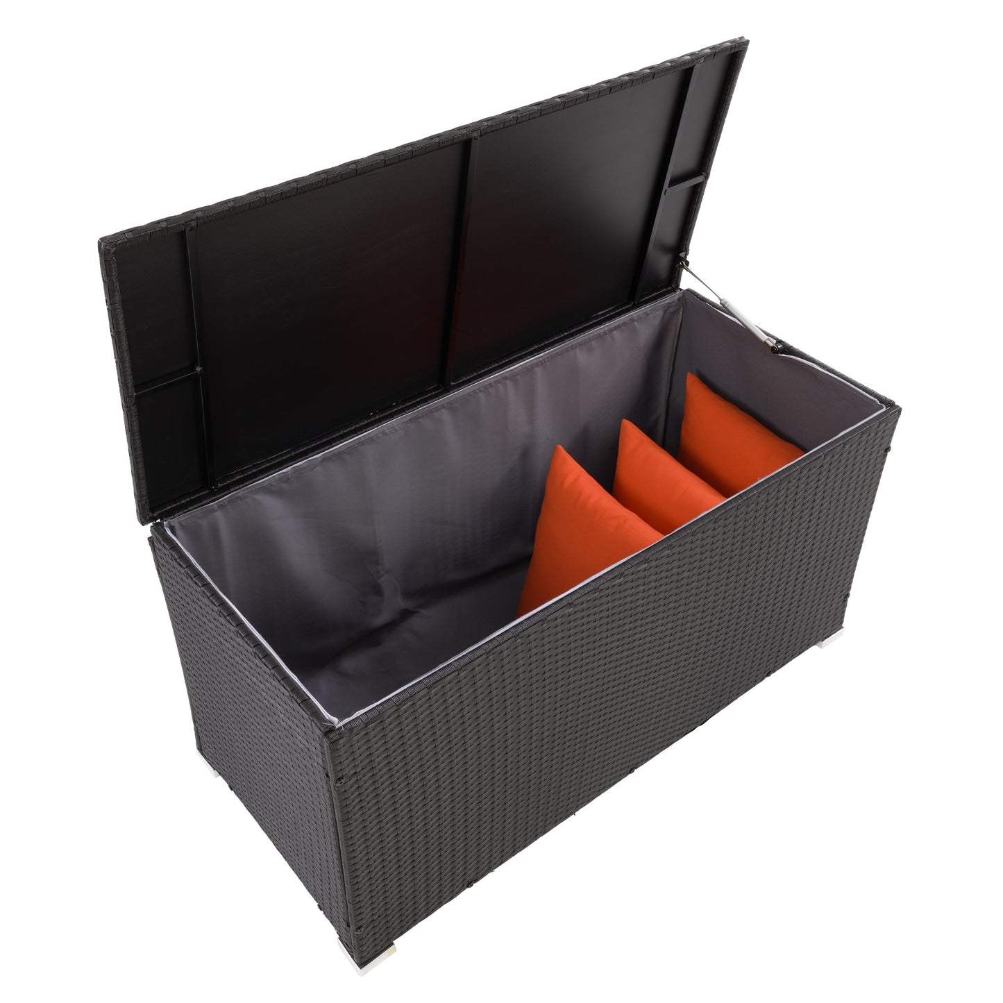 Grey wicker patio cushion box with a hinged lid, weather-resistant design, and spacious interior for outdoor storage. Perfect for keeping patio cushions, garden tools, and pool accessories organized and protected.