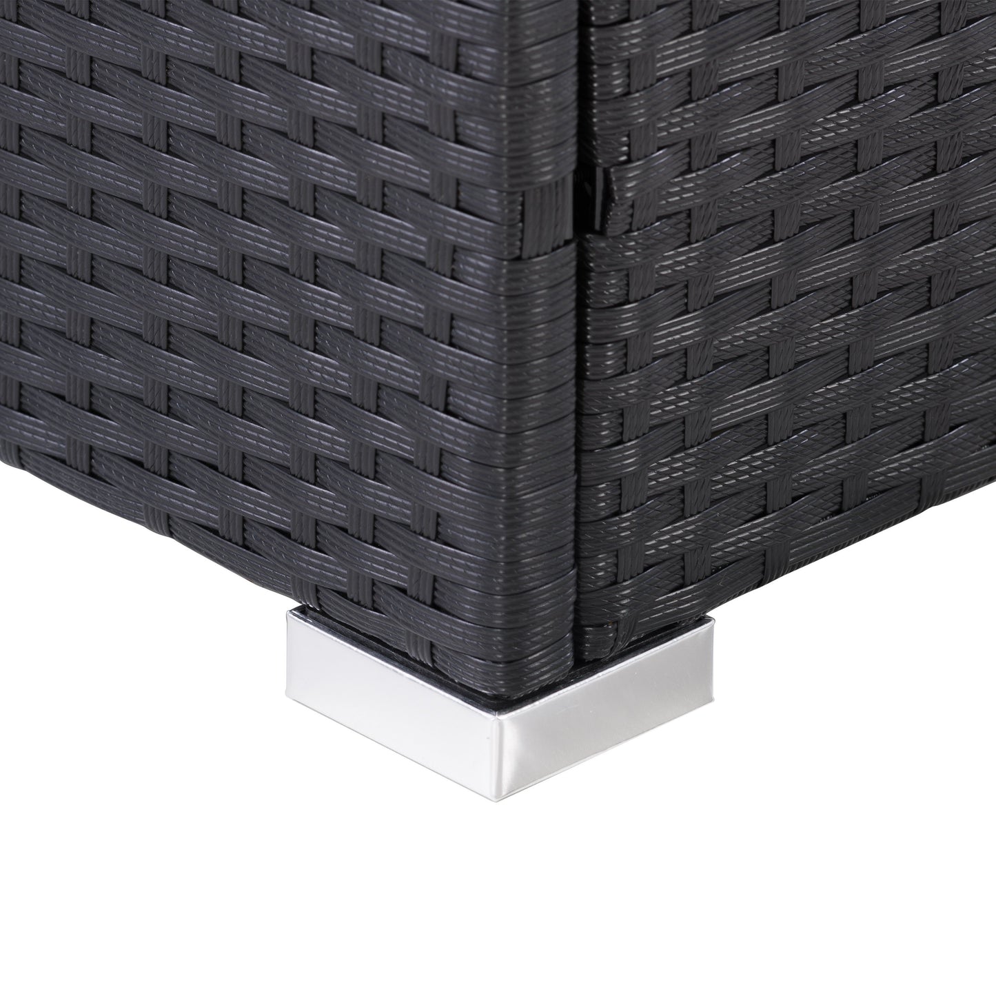 Grey wicker patio cushion box with a hinged lid, weather-resistant design, and spacious interior for outdoor storage. Perfect for keeping patio cushions, garden tools, and pool accessories organized and protected.