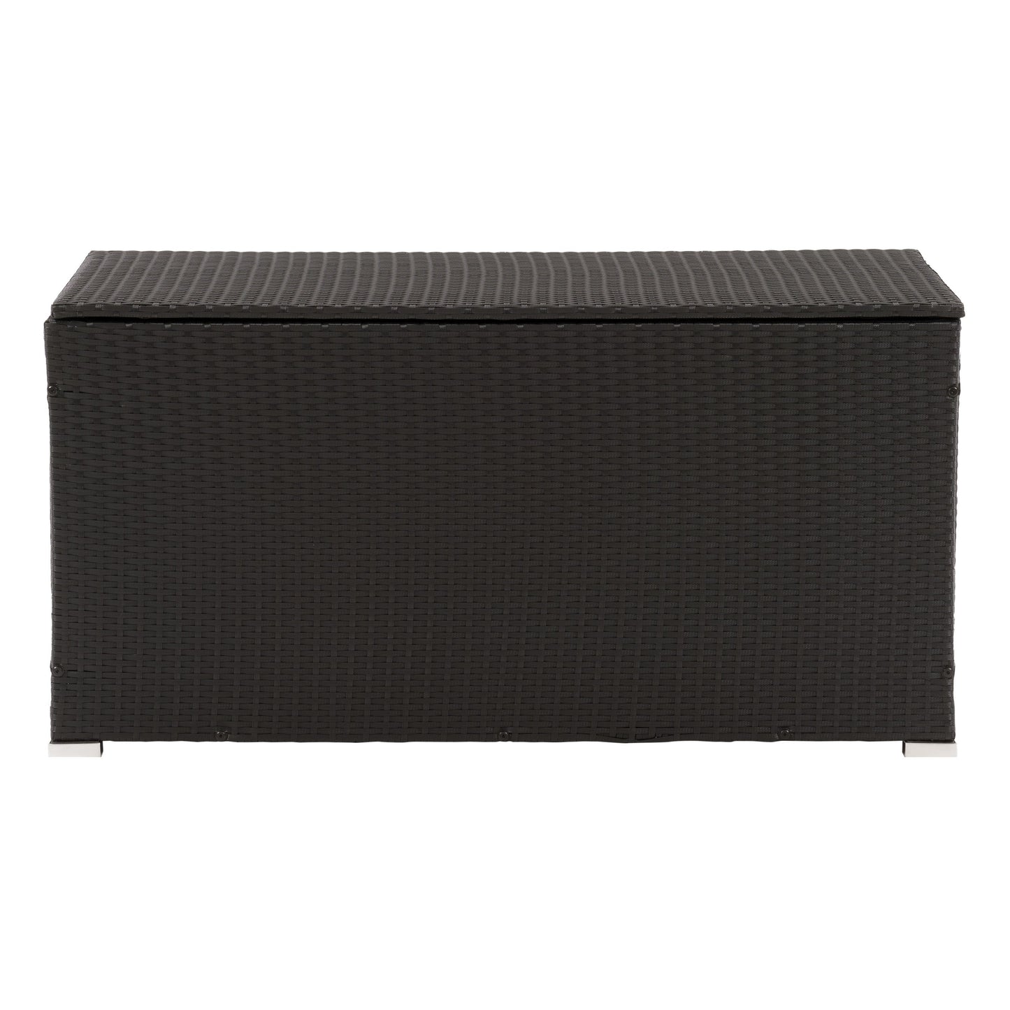 Grey wicker patio cushion box with a hinged lid, weather-resistant design, and spacious interior for outdoor storage. Perfect for keeping patio cushions, garden tools, and pool accessories organized and protected.