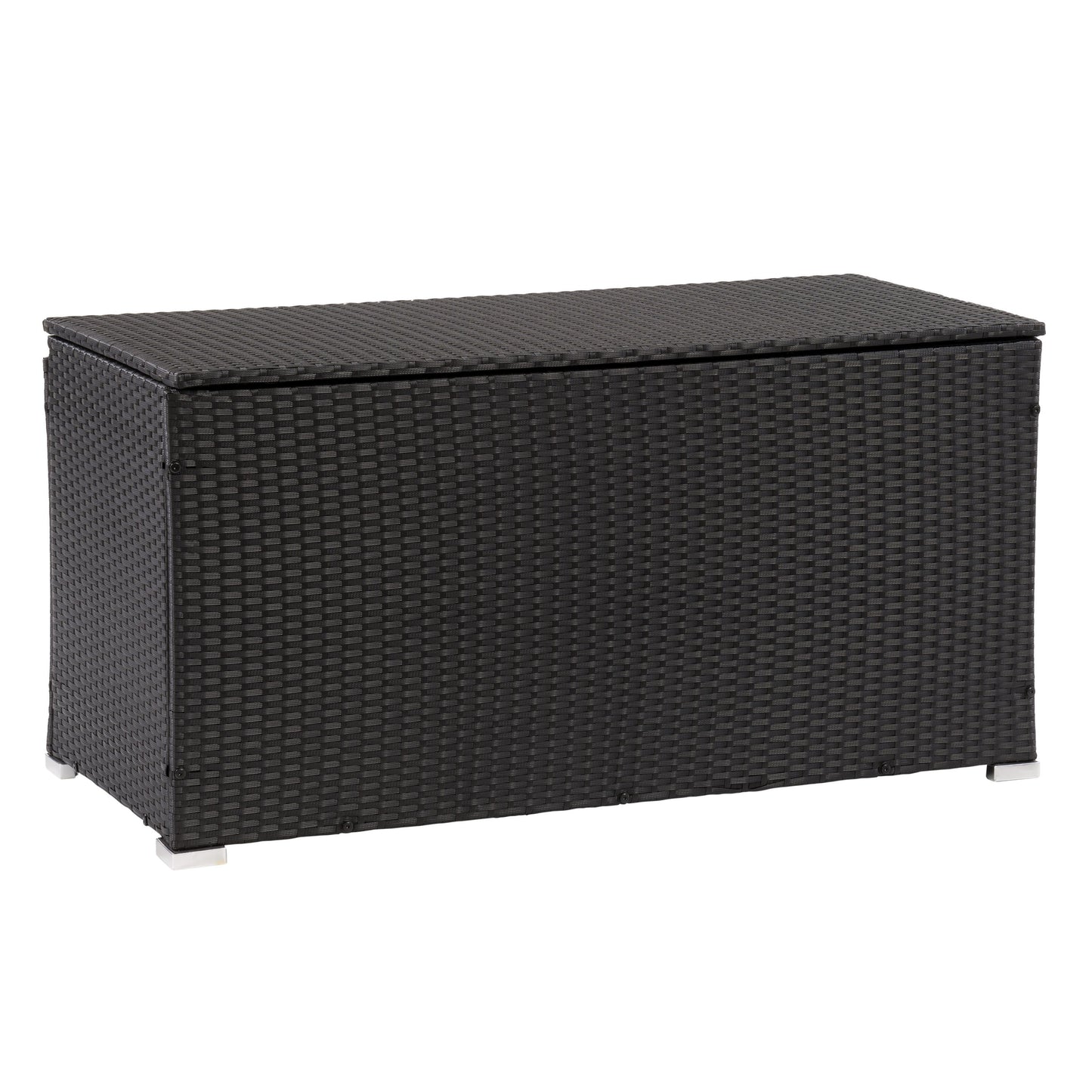 Grey wicker patio cushion box with a hinged lid, weather-resistant design, and spacious interior for outdoor storage. Perfect for keeping patio cushions, garden tools, and pool accessories organized and protected.
