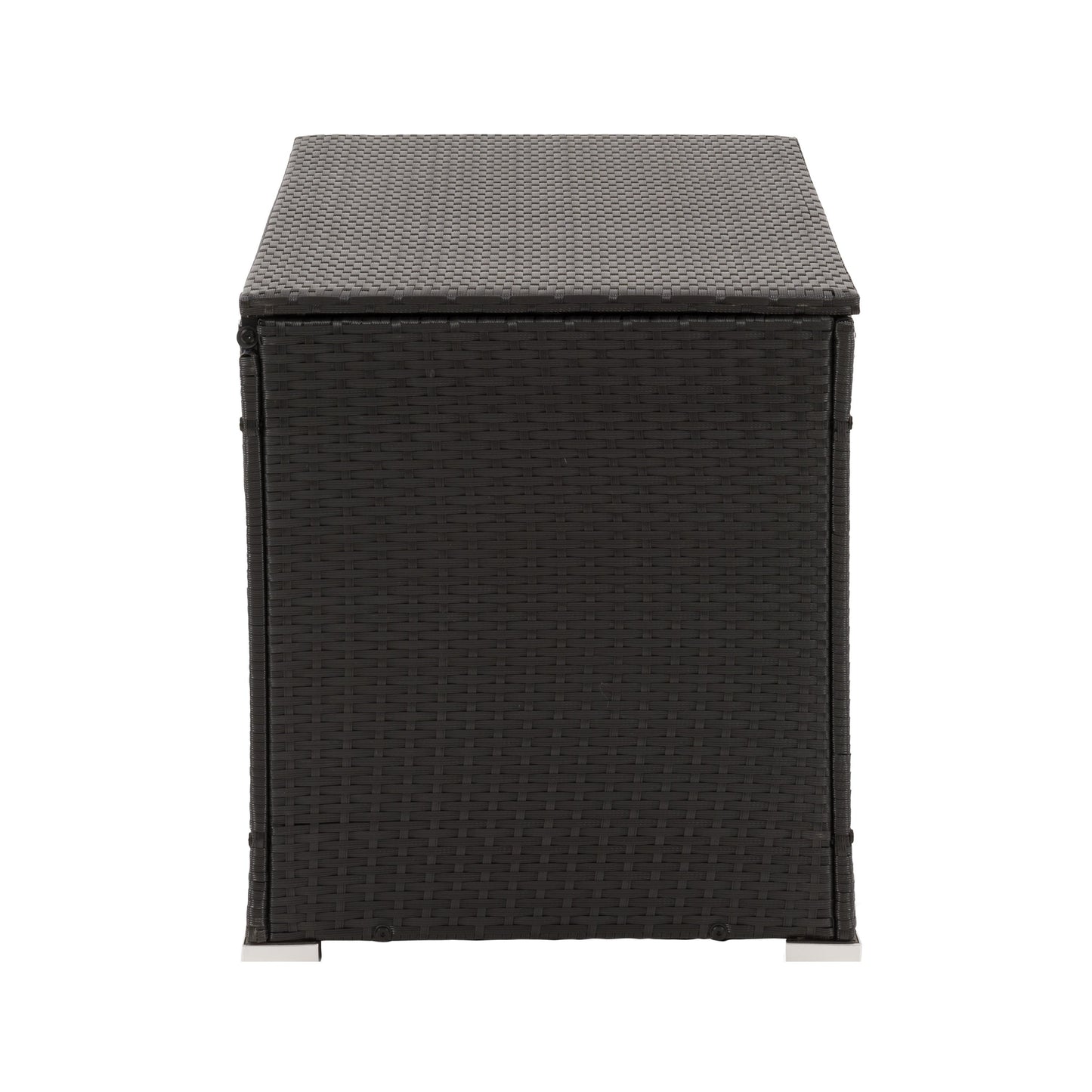 Grey wicker patio cushion box with a hinged lid, weather-resistant design, and spacious interior for outdoor storage. Perfect for keeping patio cushions, garden tools, and pool accessories organized and protected.