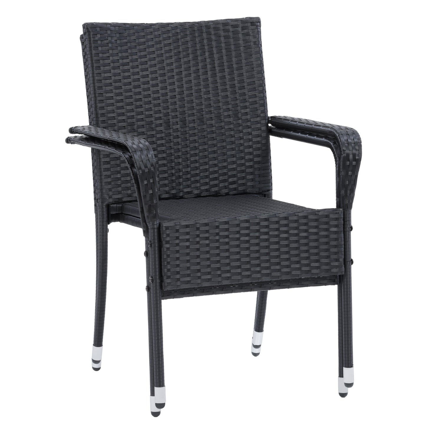 Black wicker stackable patio chairs with beige cushions, featuring a modern design, weather-resistant materials, and sturdy metal frames. Ideal for outdoor seating, garden, or balcony use. Set of 2.