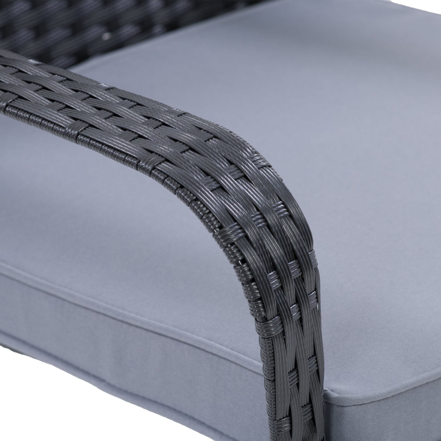 Black wicker stackable patio chairs with beige cushions, featuring a modern design, weather-resistant materials, and sturdy metal frames. Ideal for outdoor seating, garden, or balcony use. Set of 2.