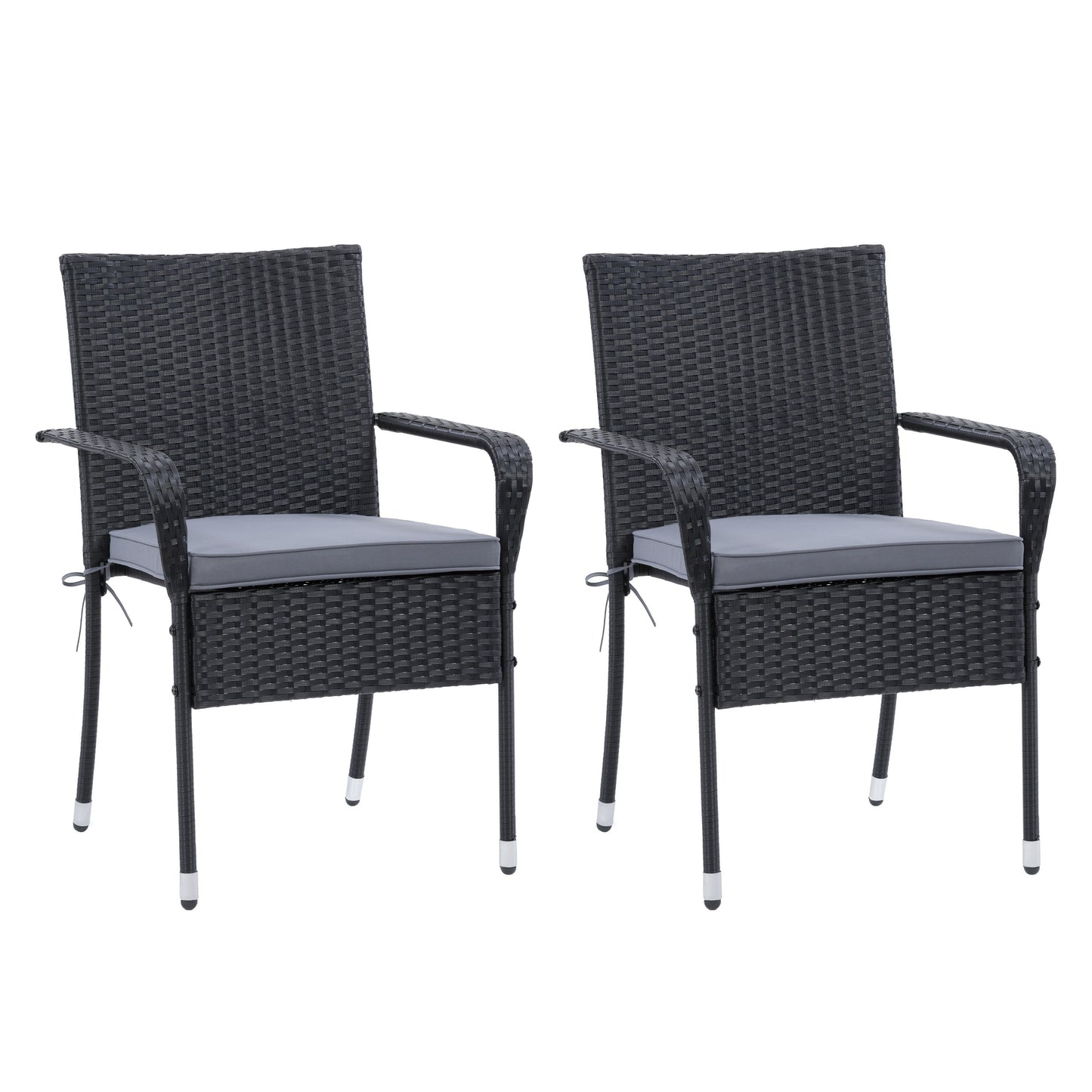 Black wicker stackable patio chairs with beige cushions, featuring a modern design, weather-resistant materials, and sturdy metal frames. Ideal for outdoor seating, garden, or balcony use. Set of 2.