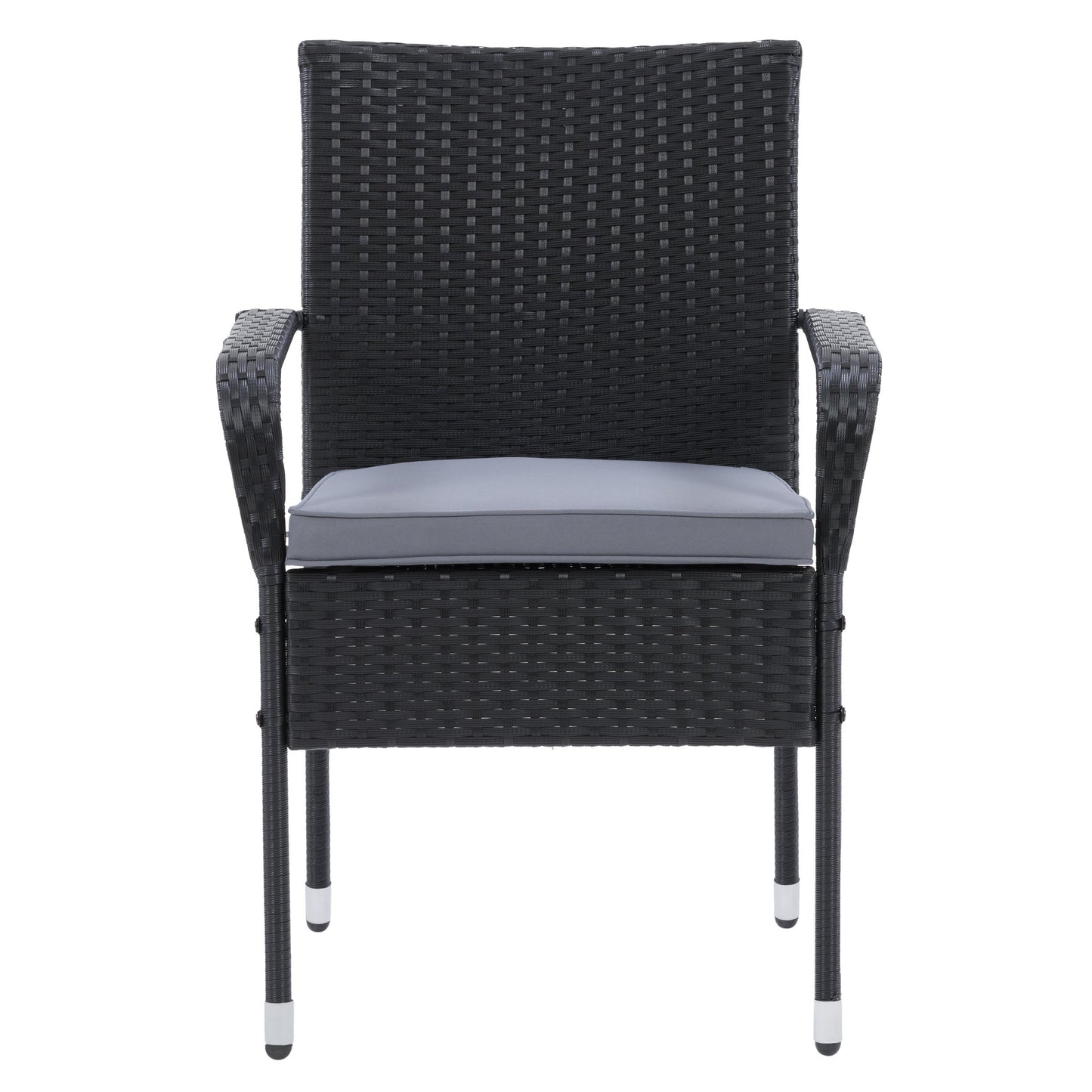 Black wicker stackable patio chairs with beige cushions, featuring a modern design, weather-resistant materials, and sturdy metal frames. Ideal for outdoor seating, garden, or balcony use. Set of 2.
