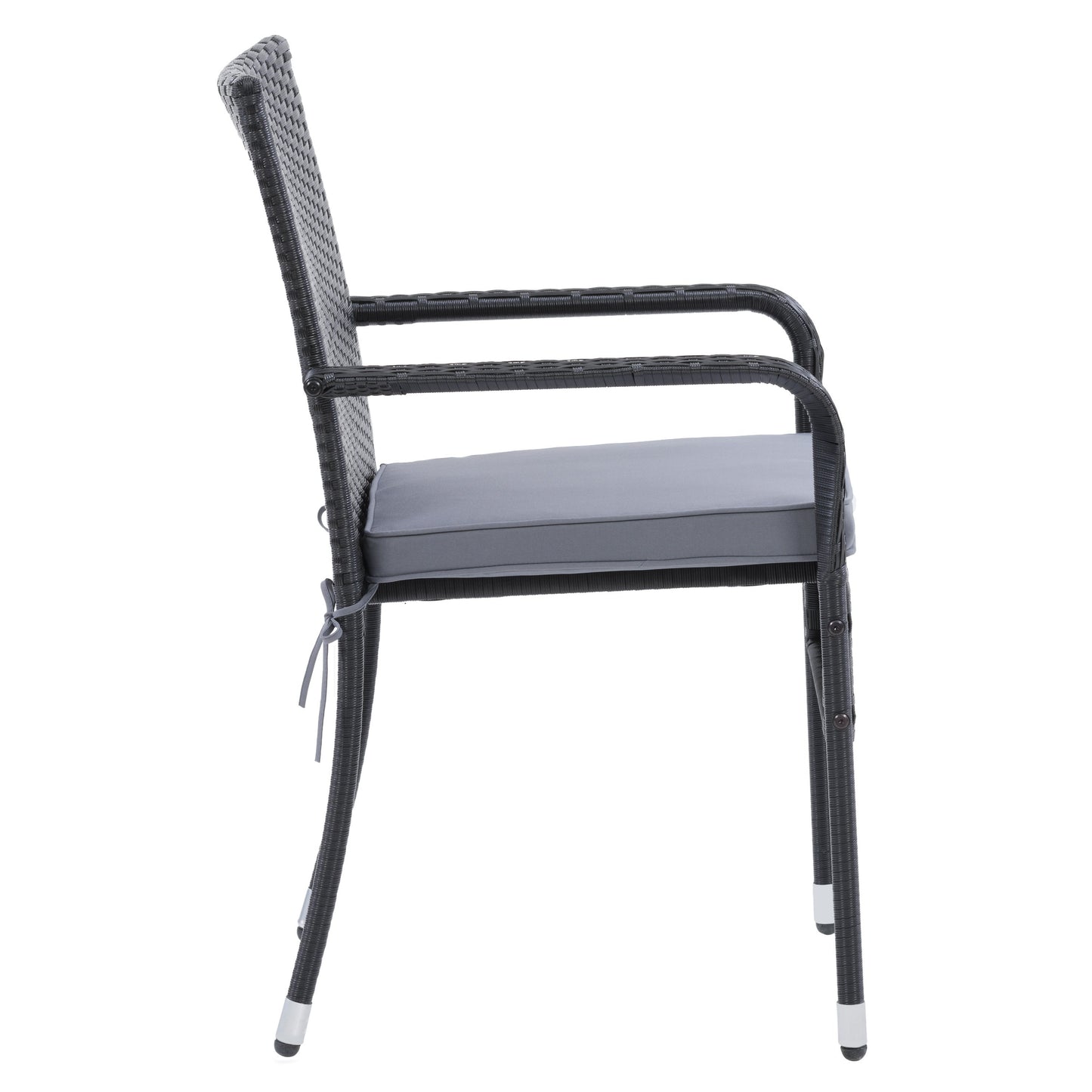 Black wicker stackable patio chairs with beige cushions, featuring a modern design, weather-resistant materials, and sturdy metal frames. Ideal for outdoor seating, garden, or balcony use. Set of 2.