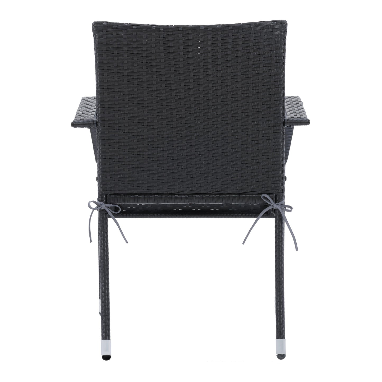 Black wicker stackable patio chairs with beige cushions, featuring a modern design, weather-resistant materials, and sturdy metal frames. Ideal for outdoor seating, garden, or balcony use. Set of 2.