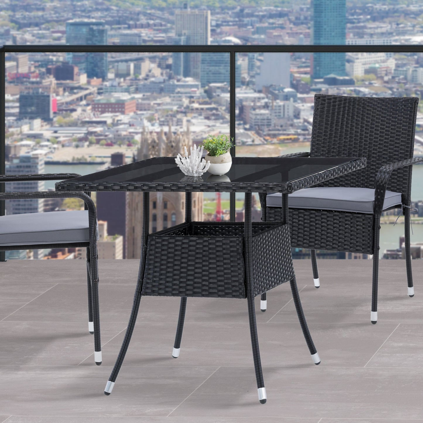 Square outdoor dining table with weather-resistant gray wicker frame, tempered glass top, and sturdy metal legs, perfect for patio or garden settings. Ideal for outdoor dining and entertaining.