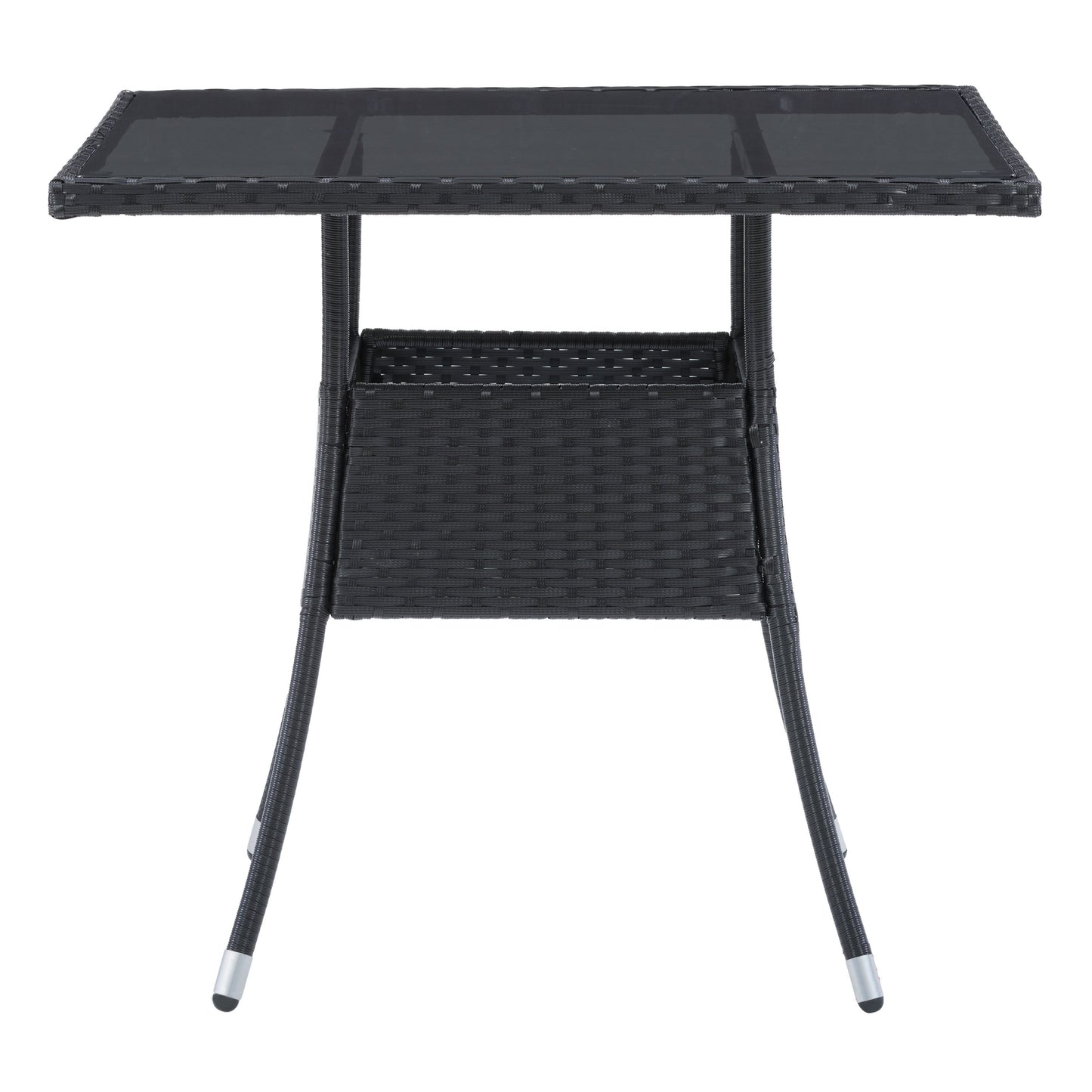 Square outdoor dining table with weather-resistant gray wicker frame, tempered glass top, and sturdy metal legs, perfect for patio or garden settings. Ideal for outdoor dining and entertaining.