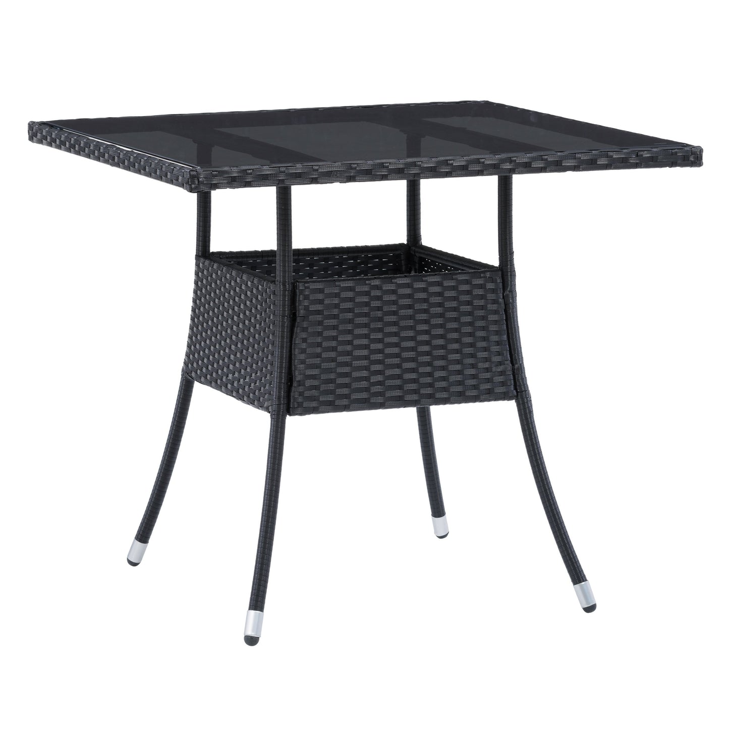 Square outdoor dining table with weather-resistant gray wicker frame, tempered glass top, and sturdy metal legs, perfect for patio or garden settings. Ideal for outdoor dining and entertaining.
