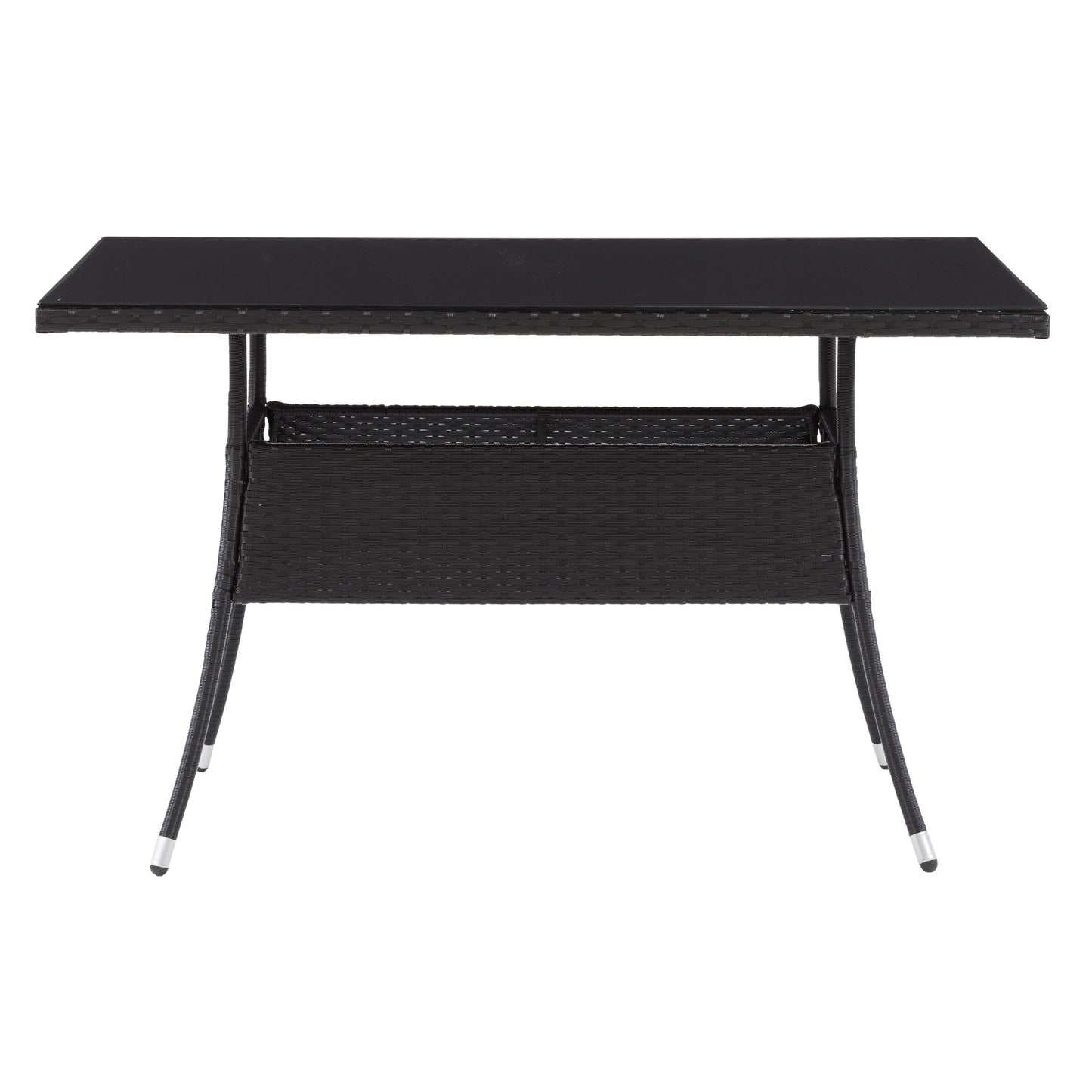 Black outdoor dining table with sleek aluminum frame, tempered glass top, and weather-resistant finish, ideal for patio or garden use. Rectangular shape with modern design, perfect for outdoor dining and entertaining.