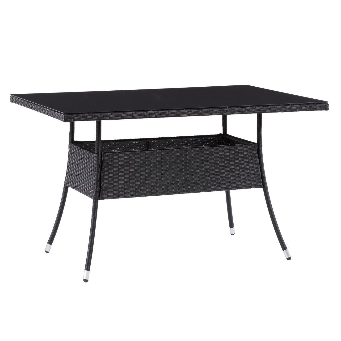 Black outdoor dining table with sleek aluminum frame, tempered glass top, and weather-resistant finish, ideal for patio or garden use. Rectangular shape with modern design, perfect for outdoor dining and entertaining.