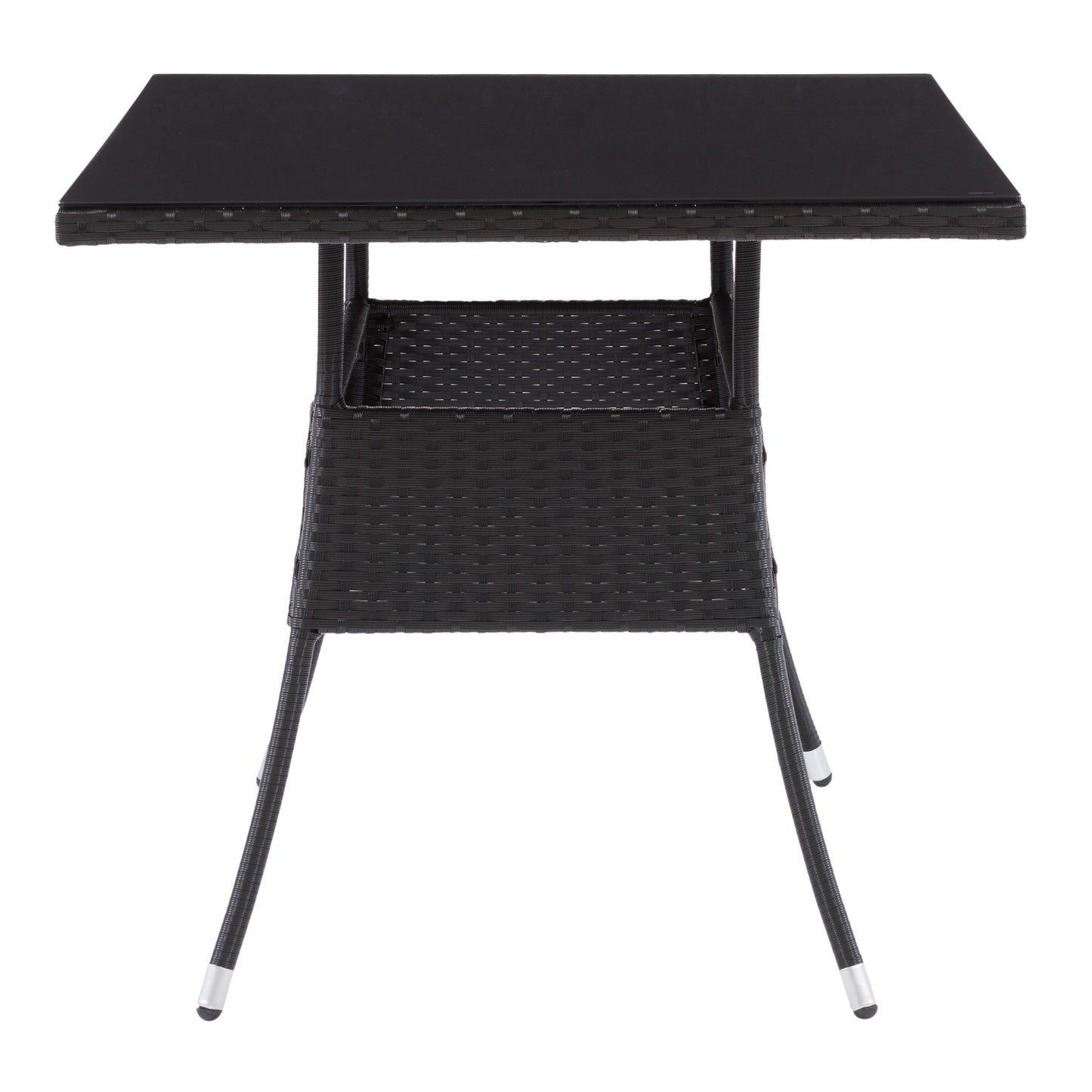 Black outdoor dining table with sleek aluminum frame, tempered glass top, and weather-resistant finish, ideal for patio or garden use. Rectangular shape with modern design, perfect for outdoor dining and entertaining.