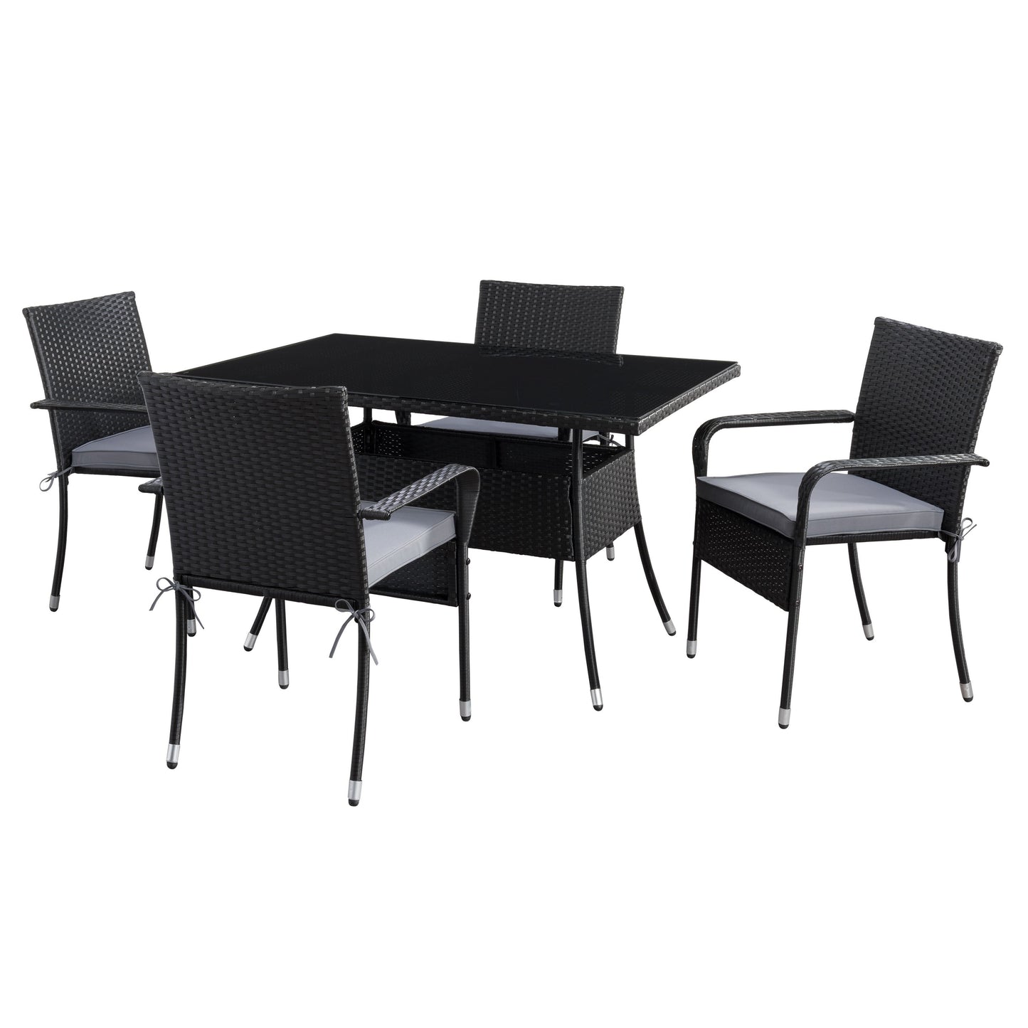 Modern 5-piece patio dining set with a rectangular glass table and four cushioned chairs in beige and brown wicker, featuring weather-resistant materials and a sleek design perfect for outdoor spaces.