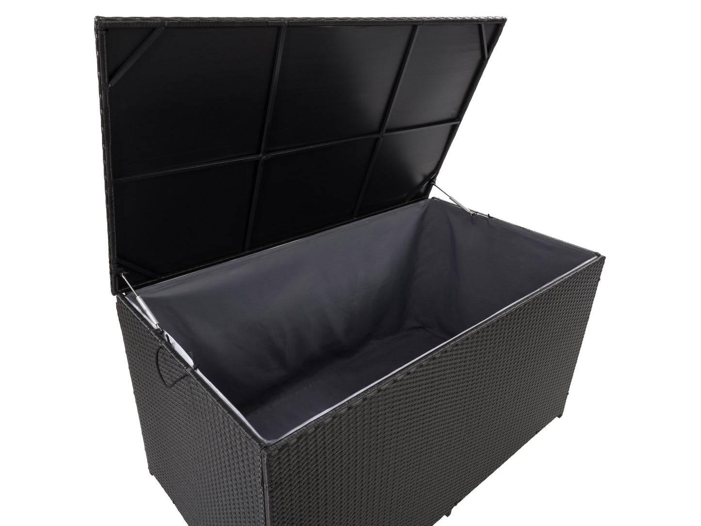Gray wicker patio storage box with a flat lid, featuring a weather-resistant design and ample storage space, ideal for outdoor cushions and gardening tools.