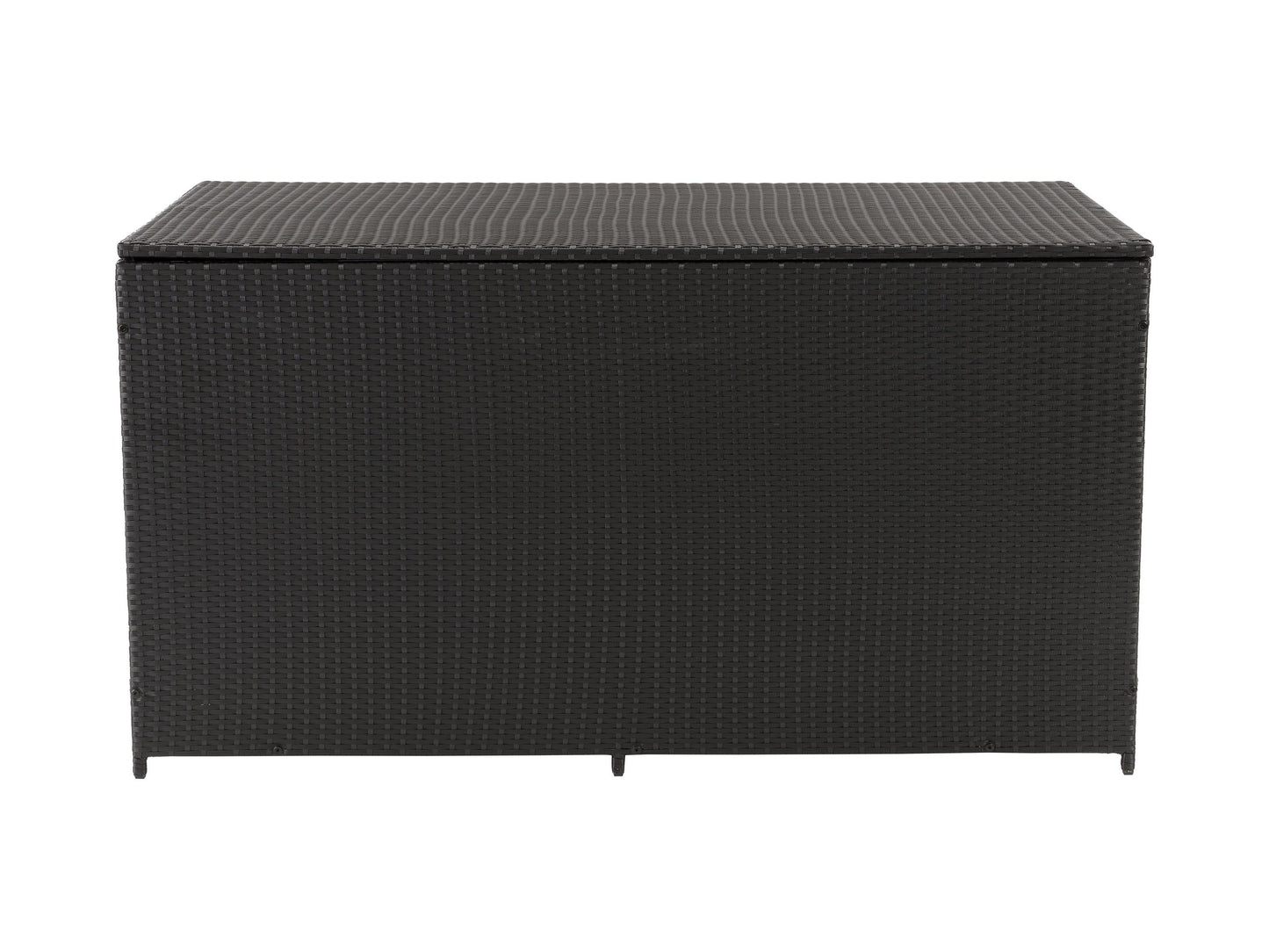 Gray wicker patio storage box with a flat lid, featuring a weather-resistant design and ample storage space, ideal for outdoor cushions and gardening tools.