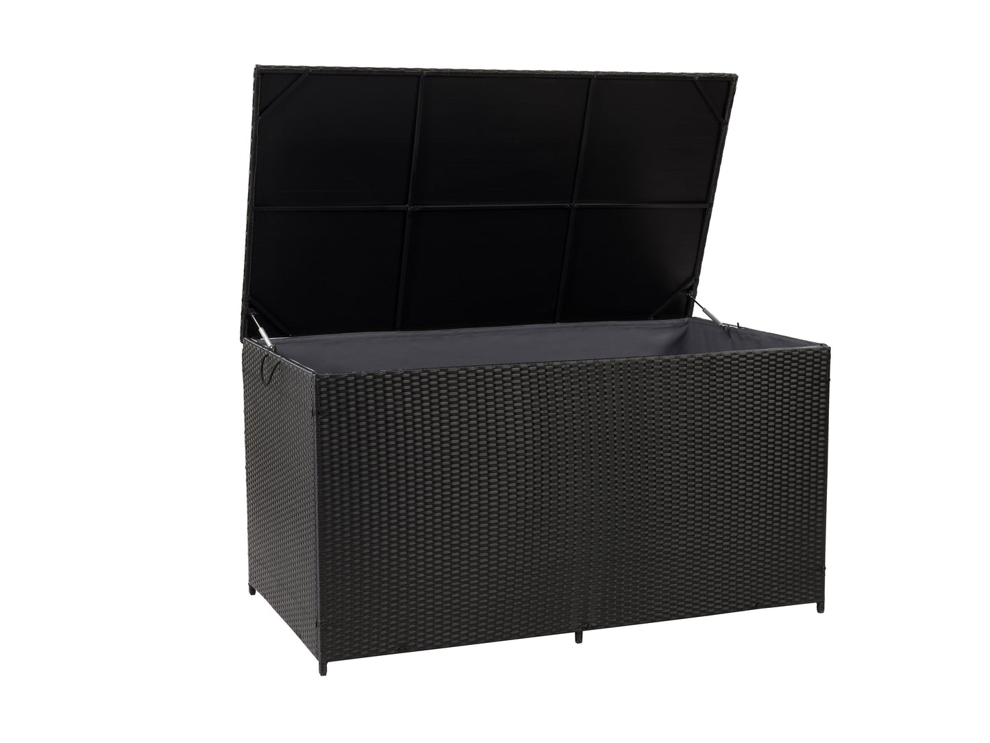 Gray wicker patio storage box with a flat lid, featuring a weather-resistant design and ample storage space, ideal for outdoor cushions and gardening tools.