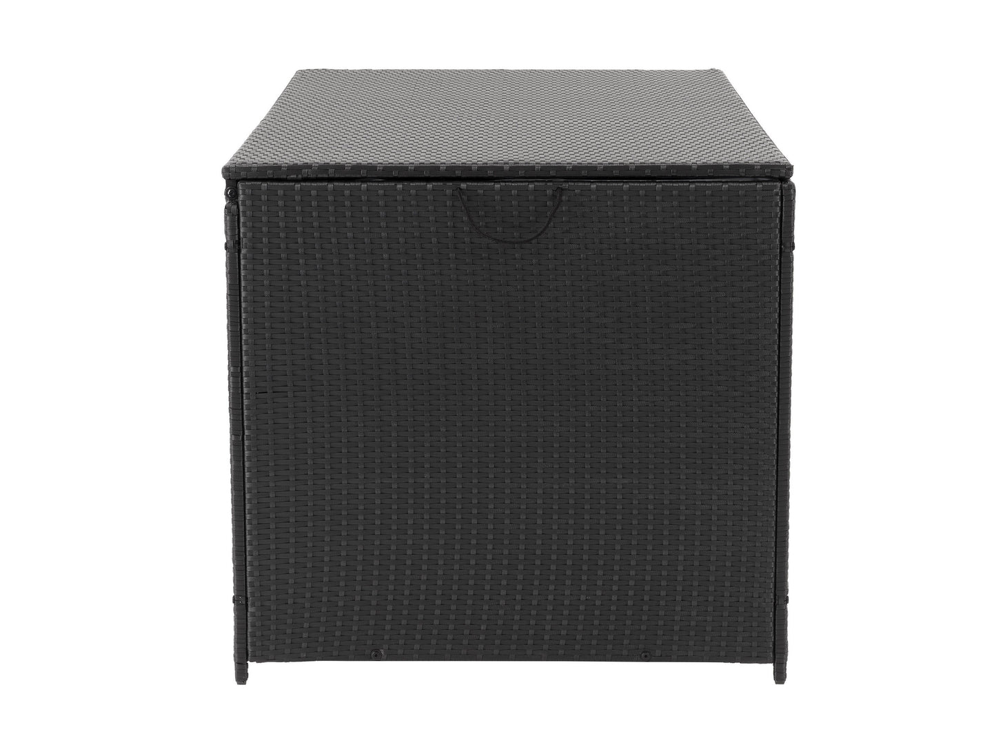 Gray wicker patio storage box with a flat lid, featuring a weather-resistant design and ample storage space, ideal for outdoor cushions and gardening tools.