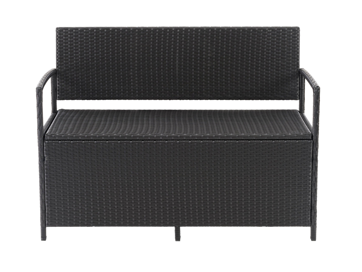 Outdoor patio bench with storage, featuring a sturdy wooden frame in a warm brown finish, slatted backrest and seat, and spacious under-seat storage compartment. Ideal for garden or patio seating.