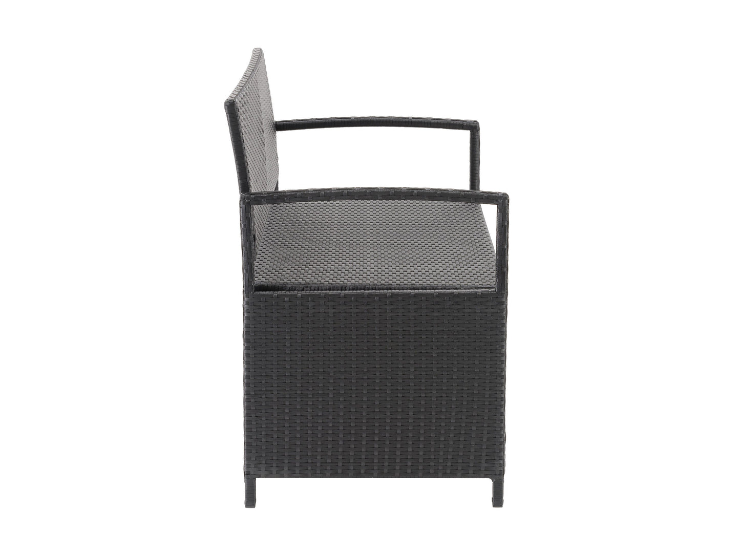 Outdoor bench with storage, grey and brown wicker, cushioned seat, sturdy wooden frame, ideal for patio or garden seating, weather-resistant, comfortable and functional for outdoor spaces.