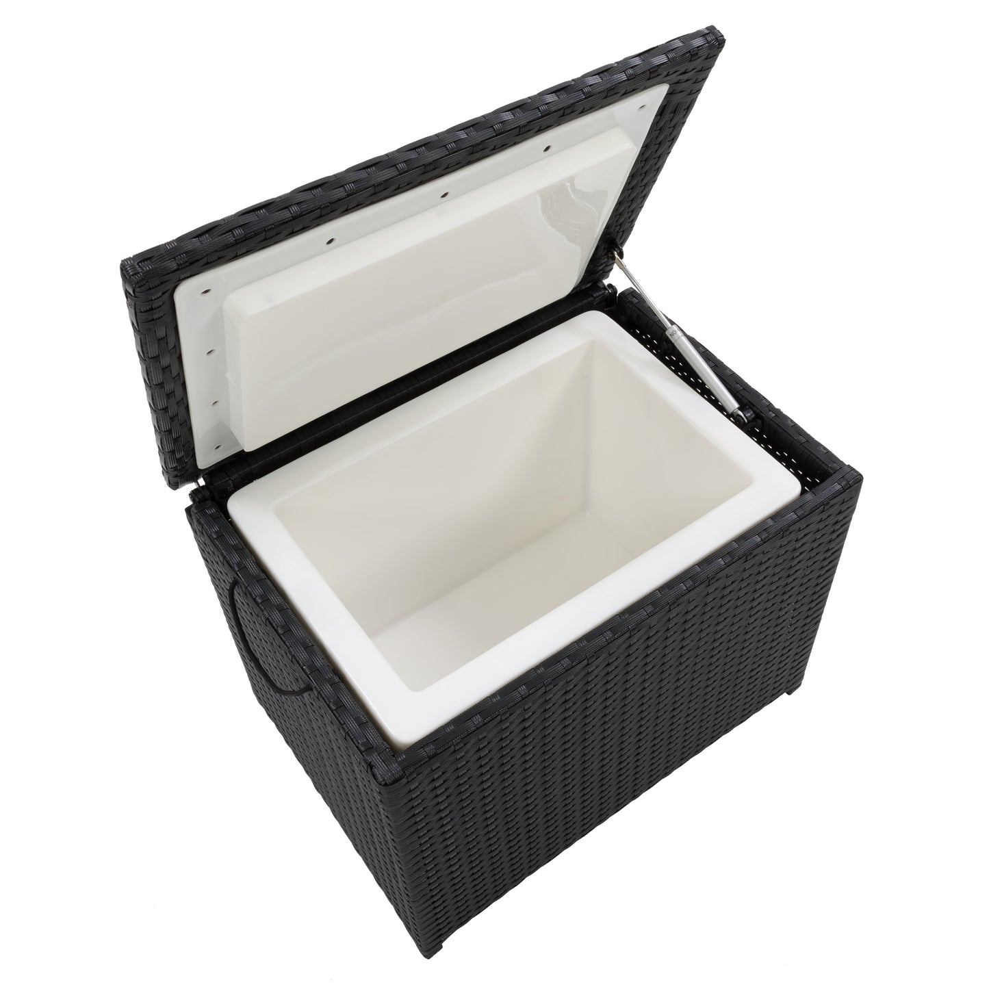 Dark brown wicker outdoor cooler table with a smooth top surface, built-in cooler compartment, and sturdy legs. Ideal for patio storage and entertaining, blending functionality with stylish outdoor furniture design.