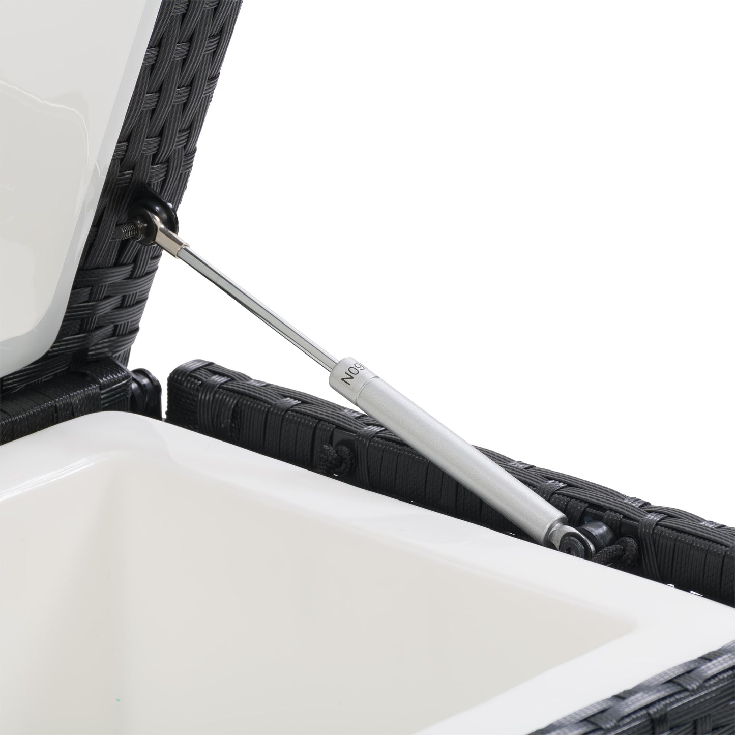 Weather-resistant outdoor cooler table with a sleek black rattan finish, featuring a lift-top design for easy access to drinks and a spacious interior for patio storage.