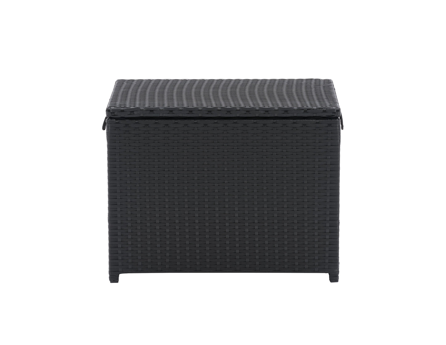 Brown wicker outdoor cooler table with a rectangular design, featuring a lift-top lid, built-in cooler compartment, and sturdy legs. Ideal for patio storage and keeping drinks cold during outdoor gatherings.