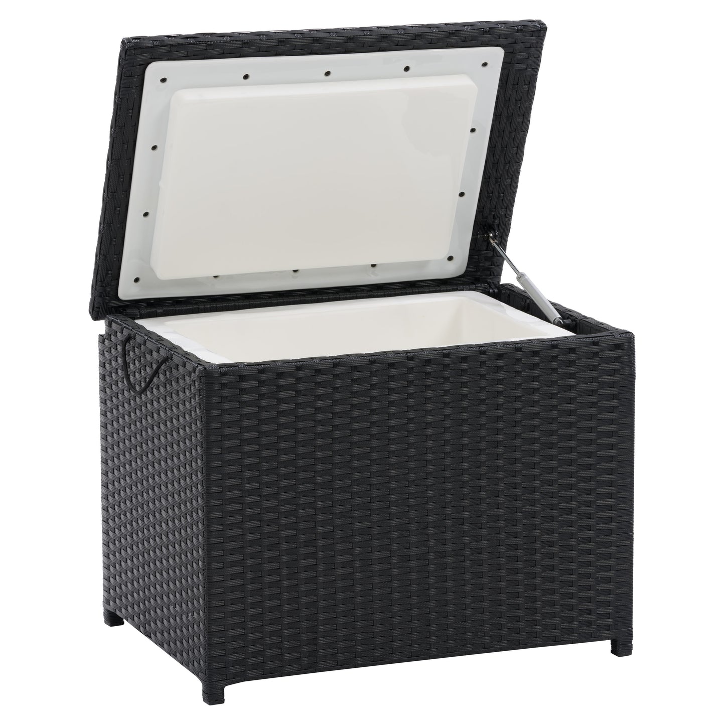 Outdoor cooler table with natural wood finish, black metal frame, and slatted design. Features spacious storage for patio essentials, weather-resistant materials, and a sleek, modern aesthetic.