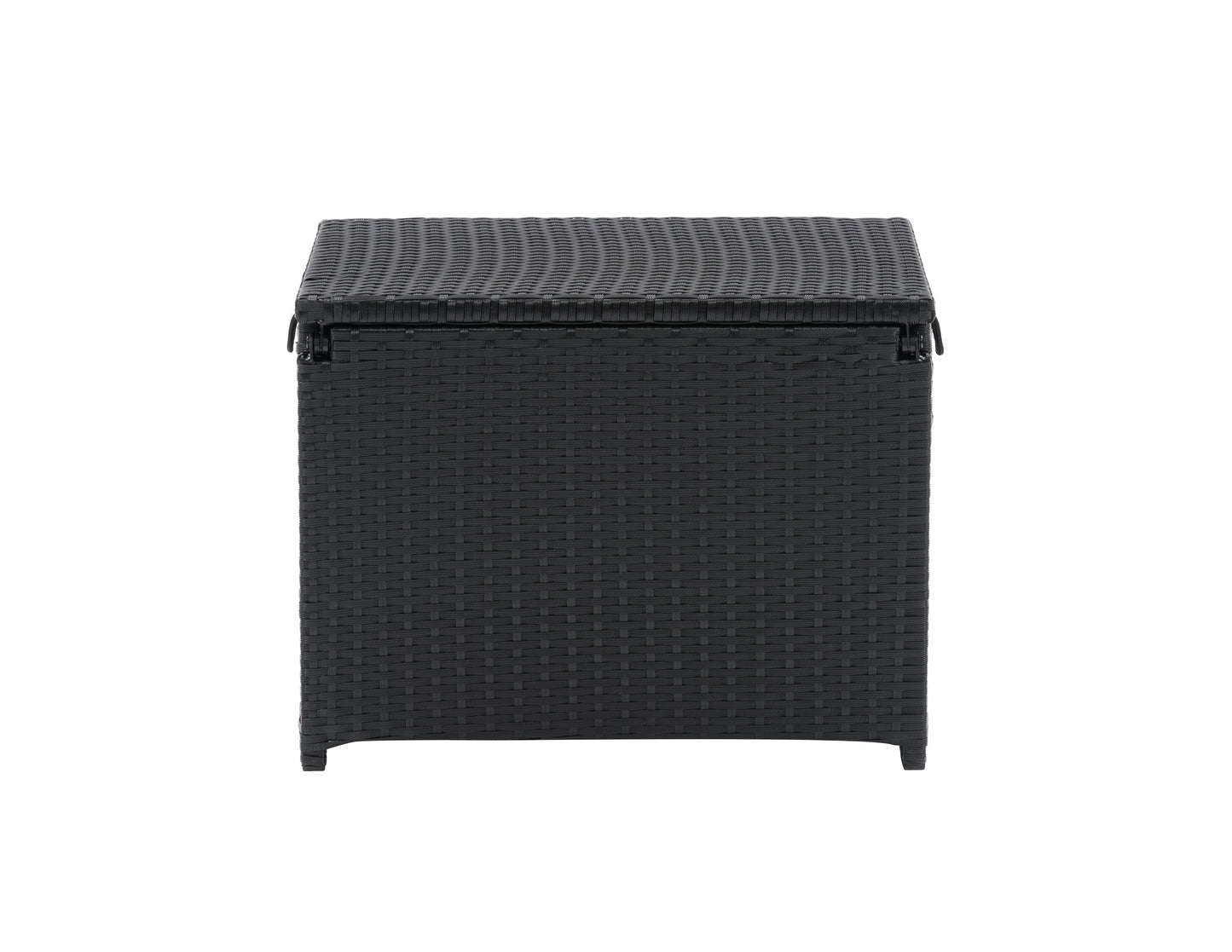 Modern outdoor cooler table in sleek black finish with wood accents, featuring a spacious storage compartment and flat tabletop surface, ideal for patio gatherings and outdoor entertaining.
