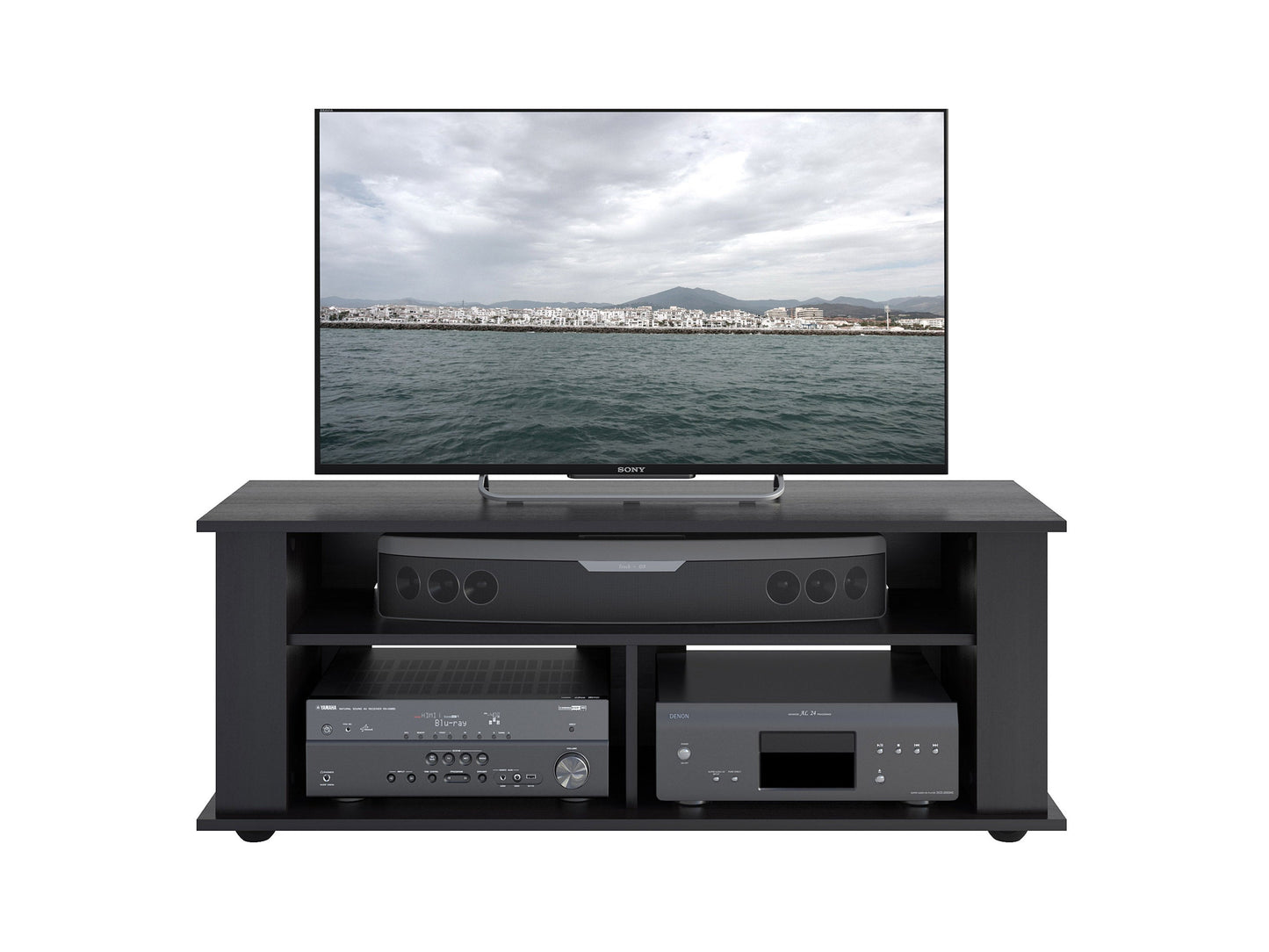 Black wood TV stand with open shelves and cabinet storage, fits TVs up to 55 inches, sleek modern design, sturdy construction, ideal for living rooms or entertainment spaces.