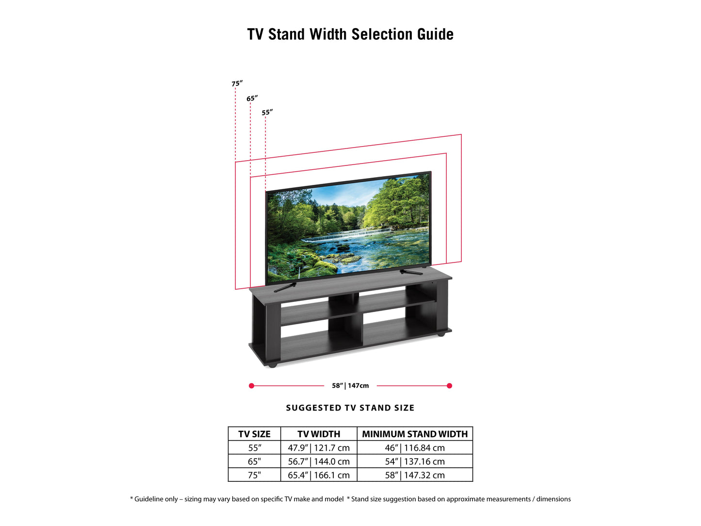 Black wood TV stand with open shelves and two cabinets, suitable for TVs up to 75 inches. Features a sleek, modern design with a matte finish and silver handles, perfect for contemporary living rooms.