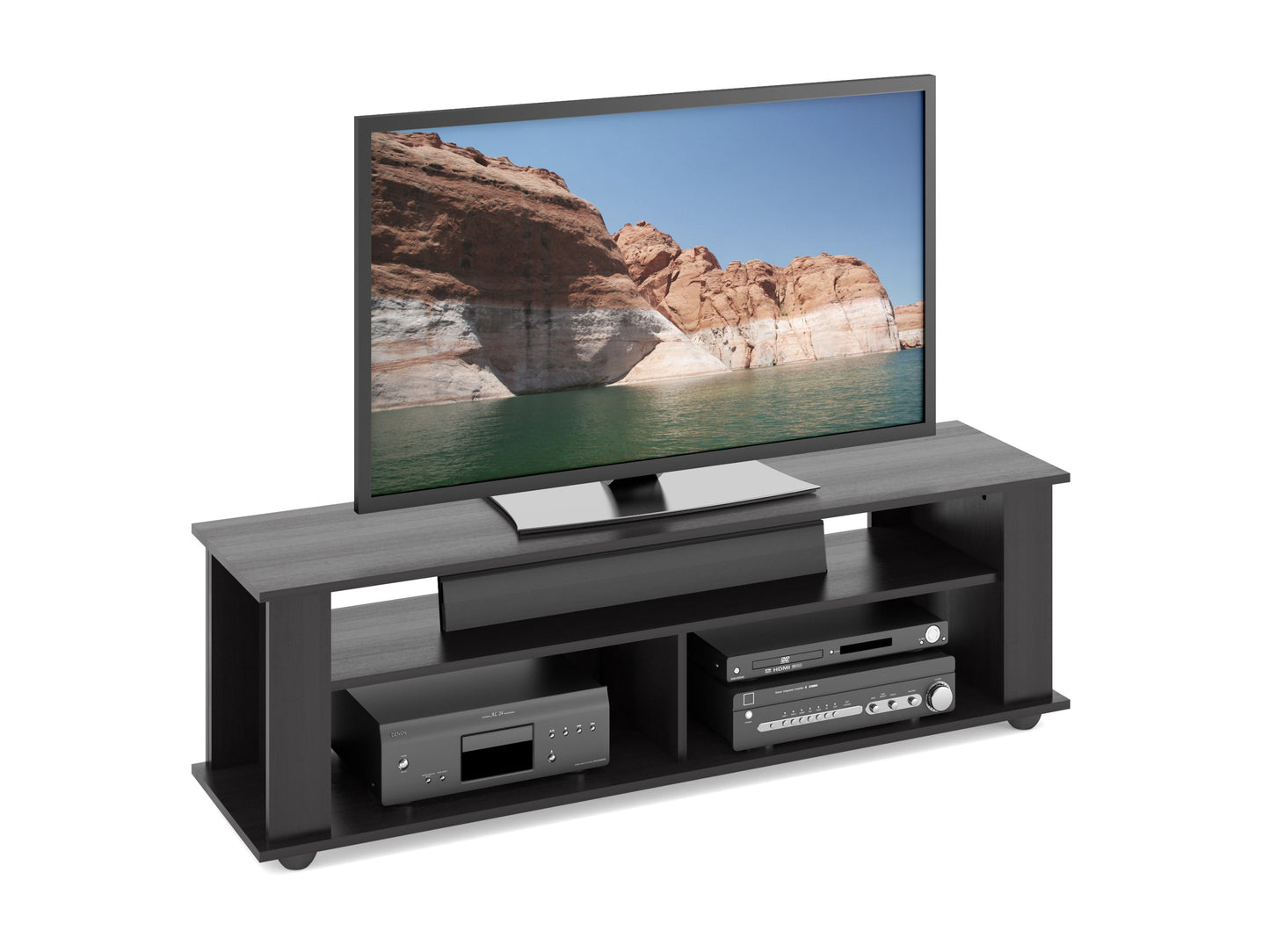 Black wood TV stand with modern design, open shelving, and metal accents, suitable for TVs up to 75 inches. Features sleek black finish, sturdy construction, and ample storage space for media equipment.